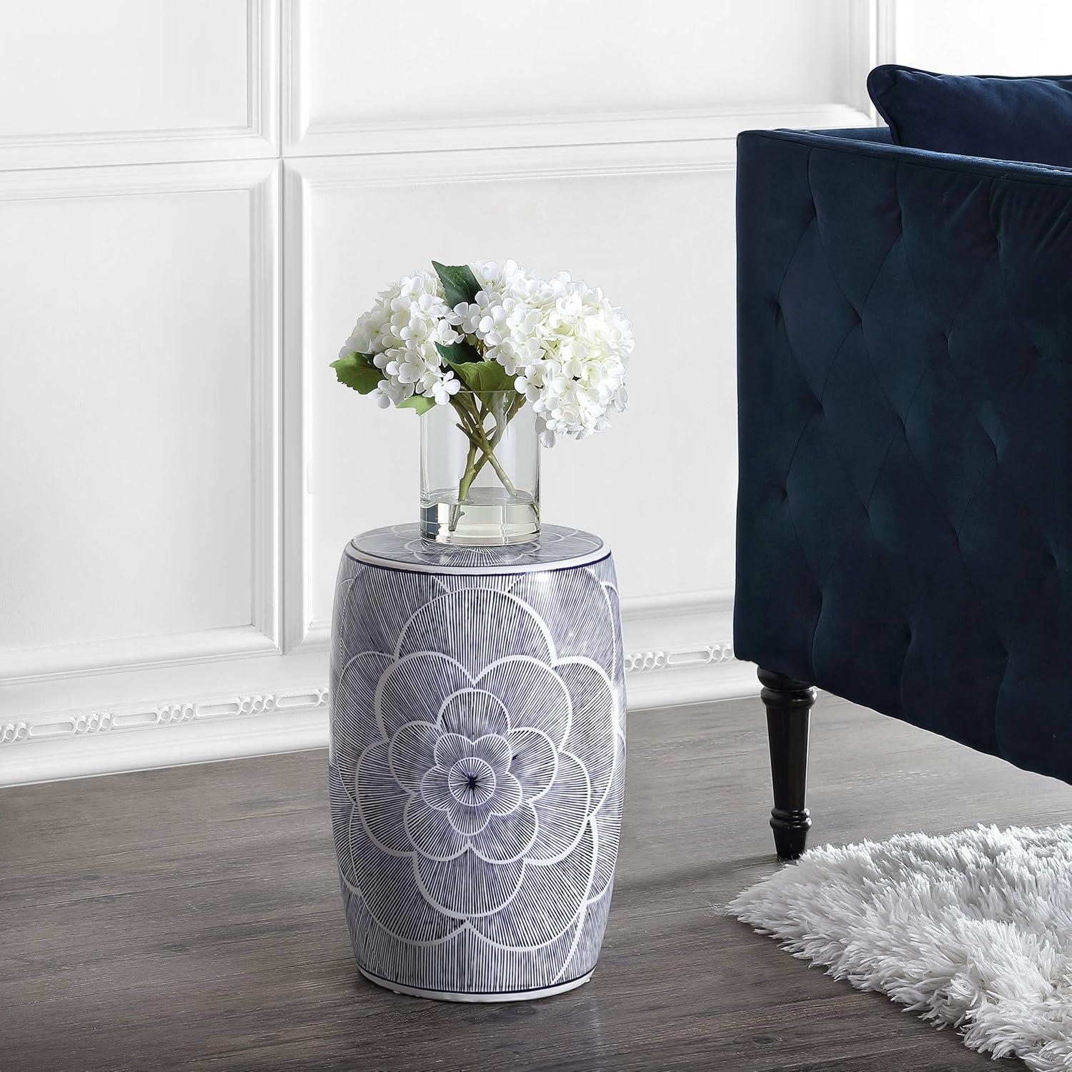 Camellia 17" White and Blue Ceramic Drum Garden Stool