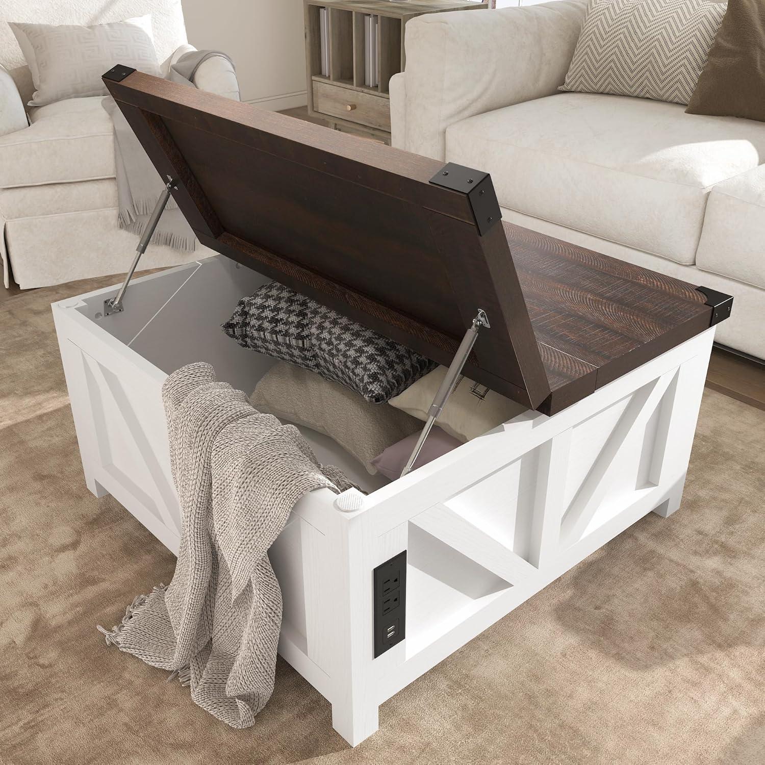 White and Brown Square Lift-Top Coffee Table with Storage