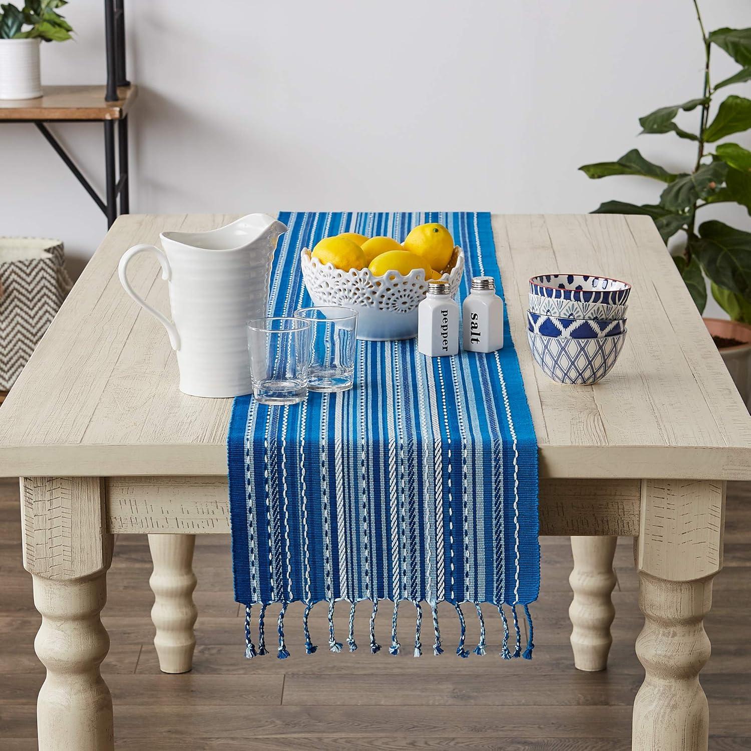 Blue Tonal Stripe With Fringe Table Runner