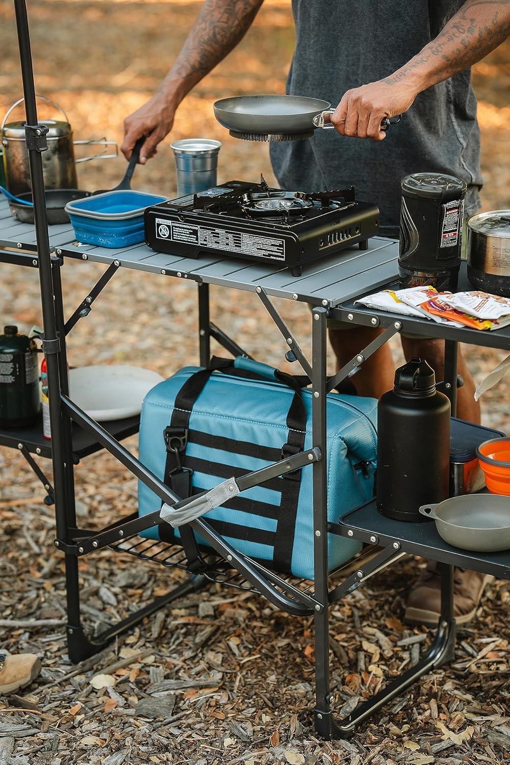 Modern Black Metal Outdoor Kitchen Station with Sink and Storage Shelf