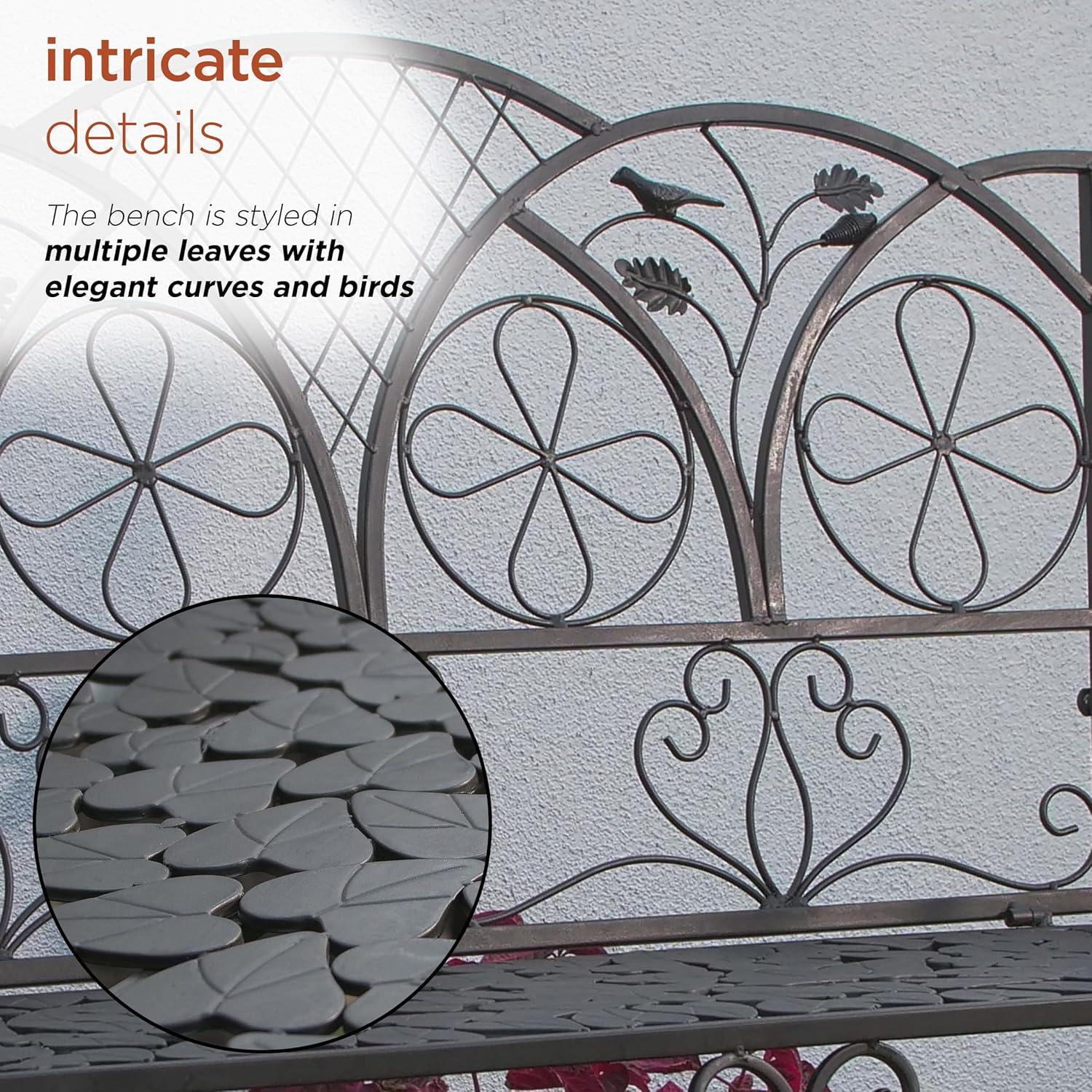 38" x 45" Iron Birds and Leaves Outdoor Garden Bench Brown - Alpine Corporation: Weatherproof, Decorative Yard Seating