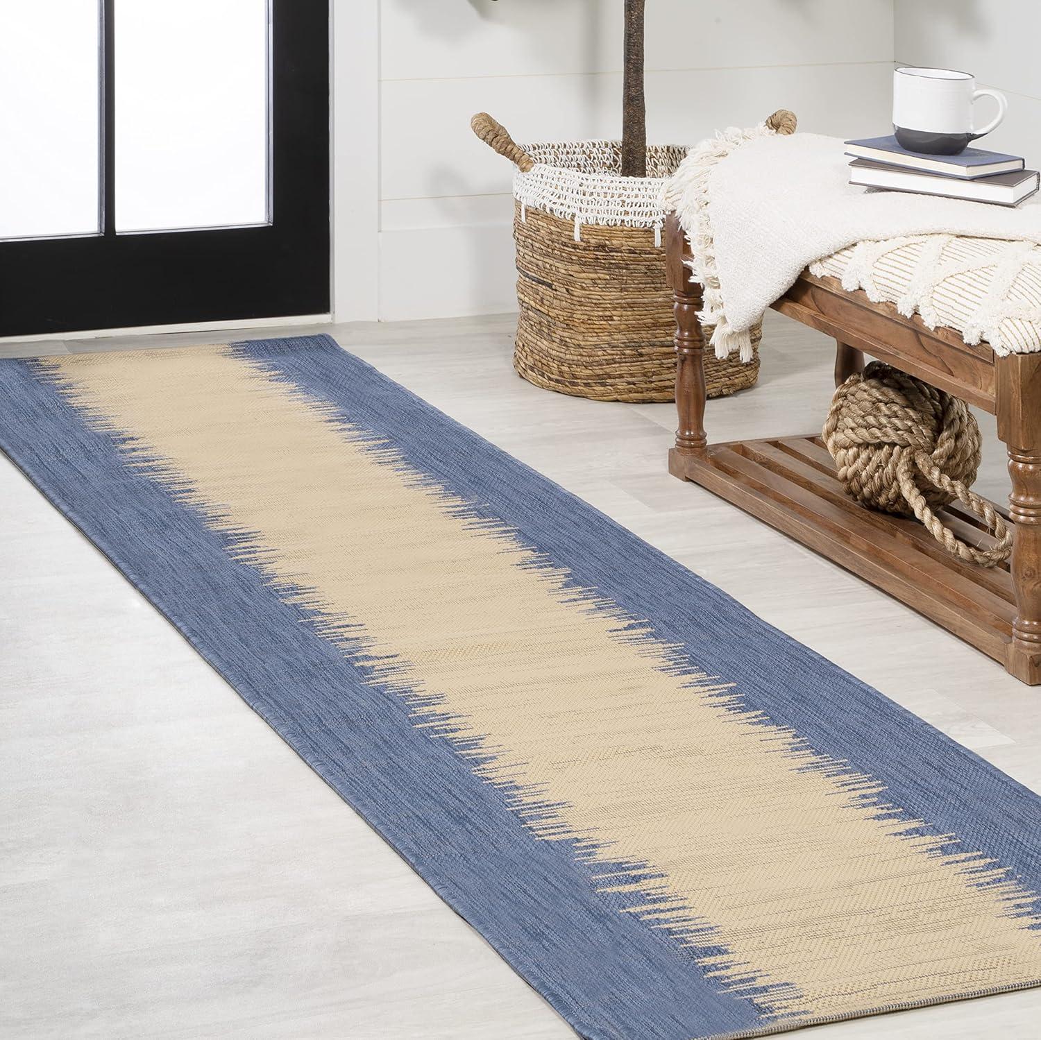 2' x 8' Tavira Modern Strie' Indoor/Outdoor Runner Rug, Blue/Beige - JONATHAN Y