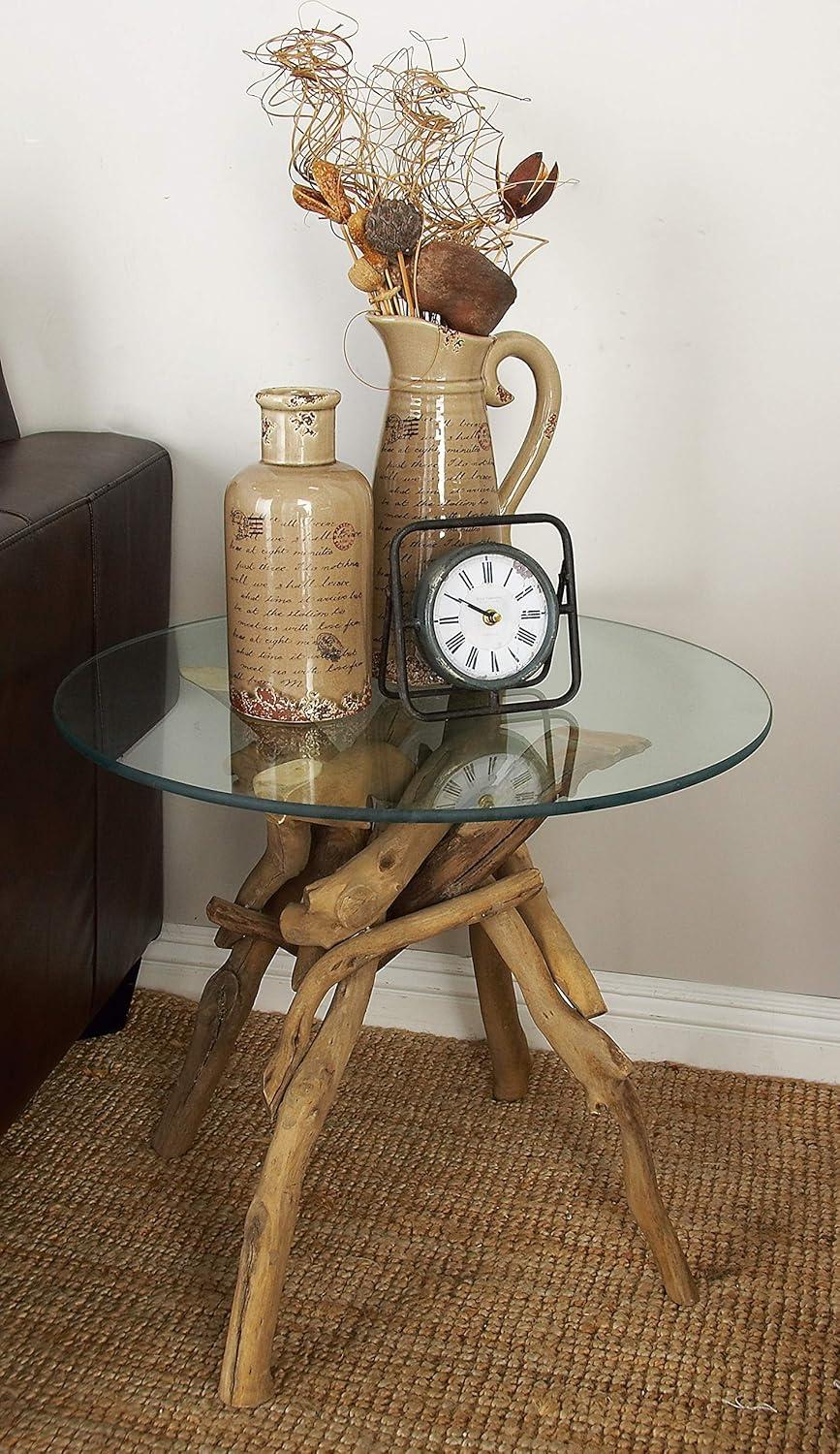 Driftwood Round Glass-Top End Table, 21" x 19"