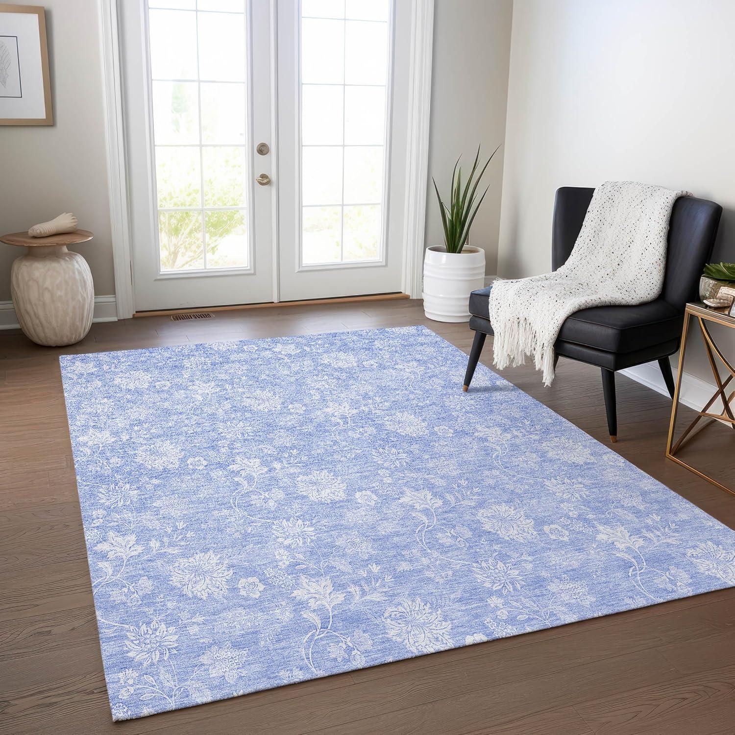 Sky Blue Floral Synthetic Indoor Outdoor Area Rug