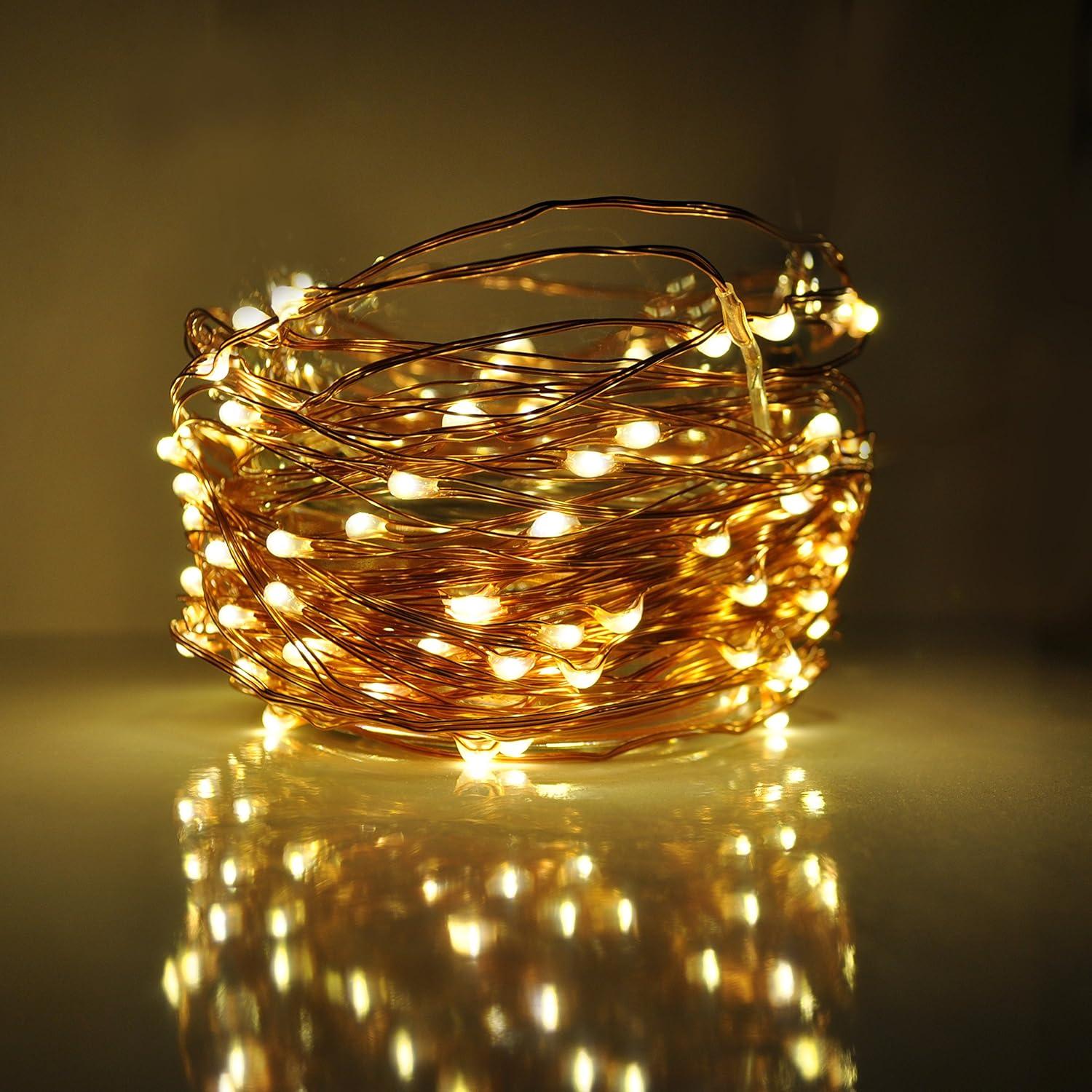 Warm White LED Copper Wire Fairy String Lights, 33 Feet