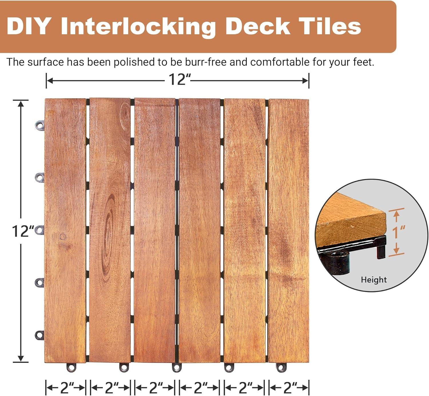 Natural Acacia Wood Interlocking Deck Tiles with Water Protection, 27 Pack