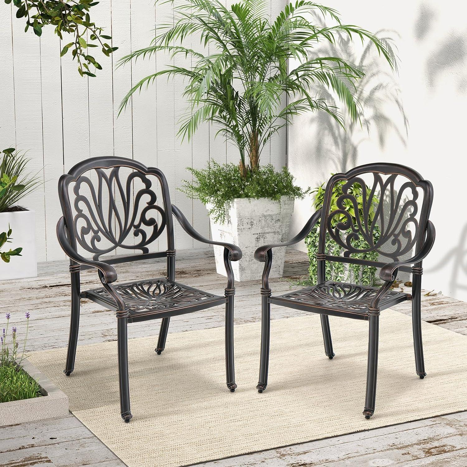 Costway 4 PCS Patio Cast Aluminum Dining Chairs Armrests Outdoor Stackable Brown/White