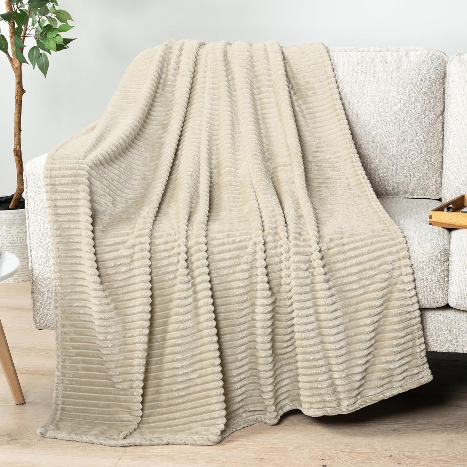 PAVILIA Super Soft Fleece Flannel Ribbed Striped Throw Blanket, Luxury Fuzzy Plush Warm Cozy for Sofa Couch Bed