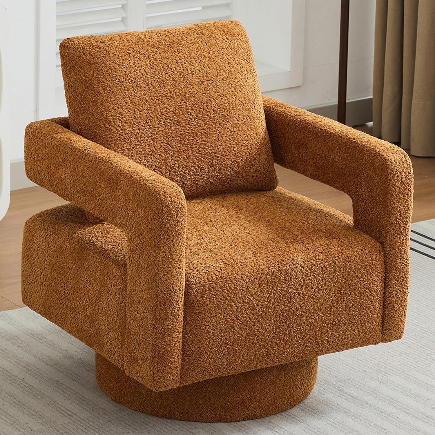 Caramel Boucle Upholstered Swivel Barrel Accent Chair