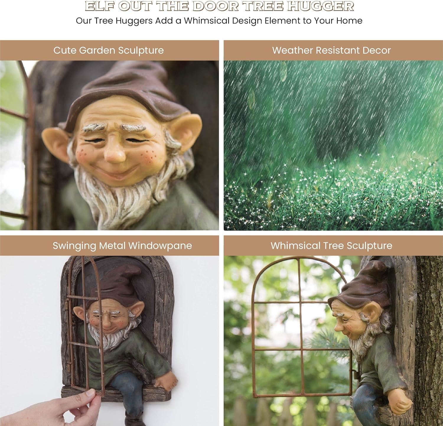 Bits and Pieces 12” Elf Out The Door Tree Hugger Yard Tree Sculpture Decoration Garden Peeker Art