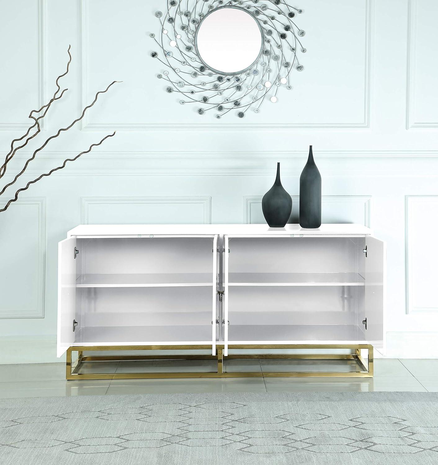 Luxurious White Lacquer Sideboard with Gold Plated Accents and Spacious Storage