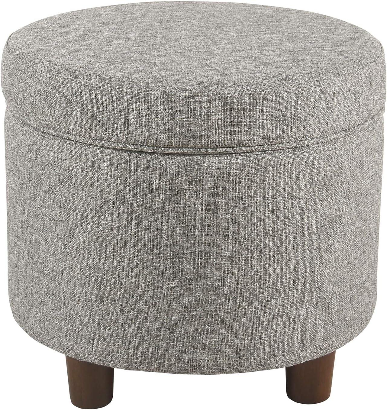 Mid-Century Modern Round Light Gray Tweed Storage Ottoman