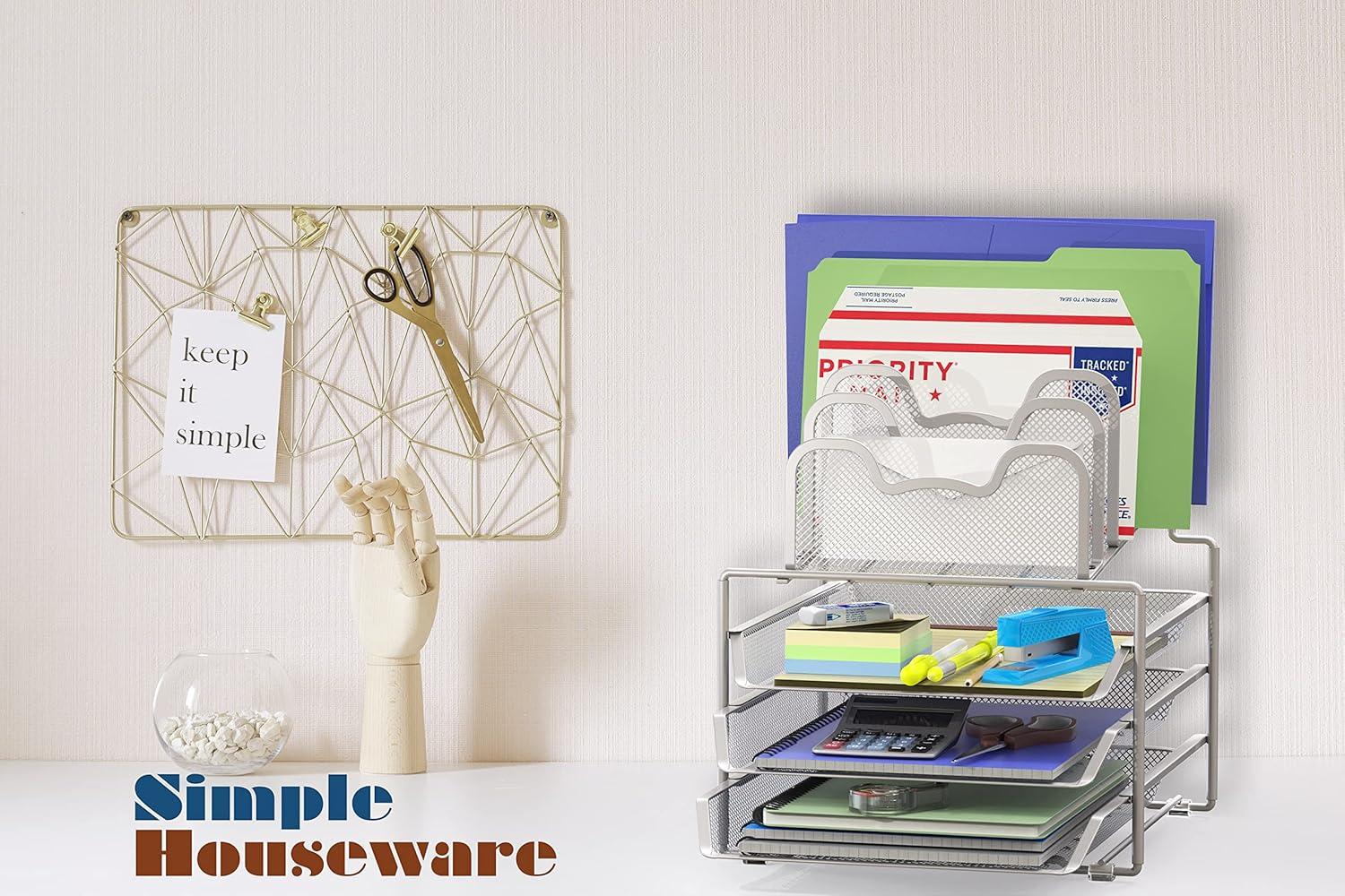 Simple Houseware Desk 3 Sliding Tray and 5 Stacking Section Organizers, Silver