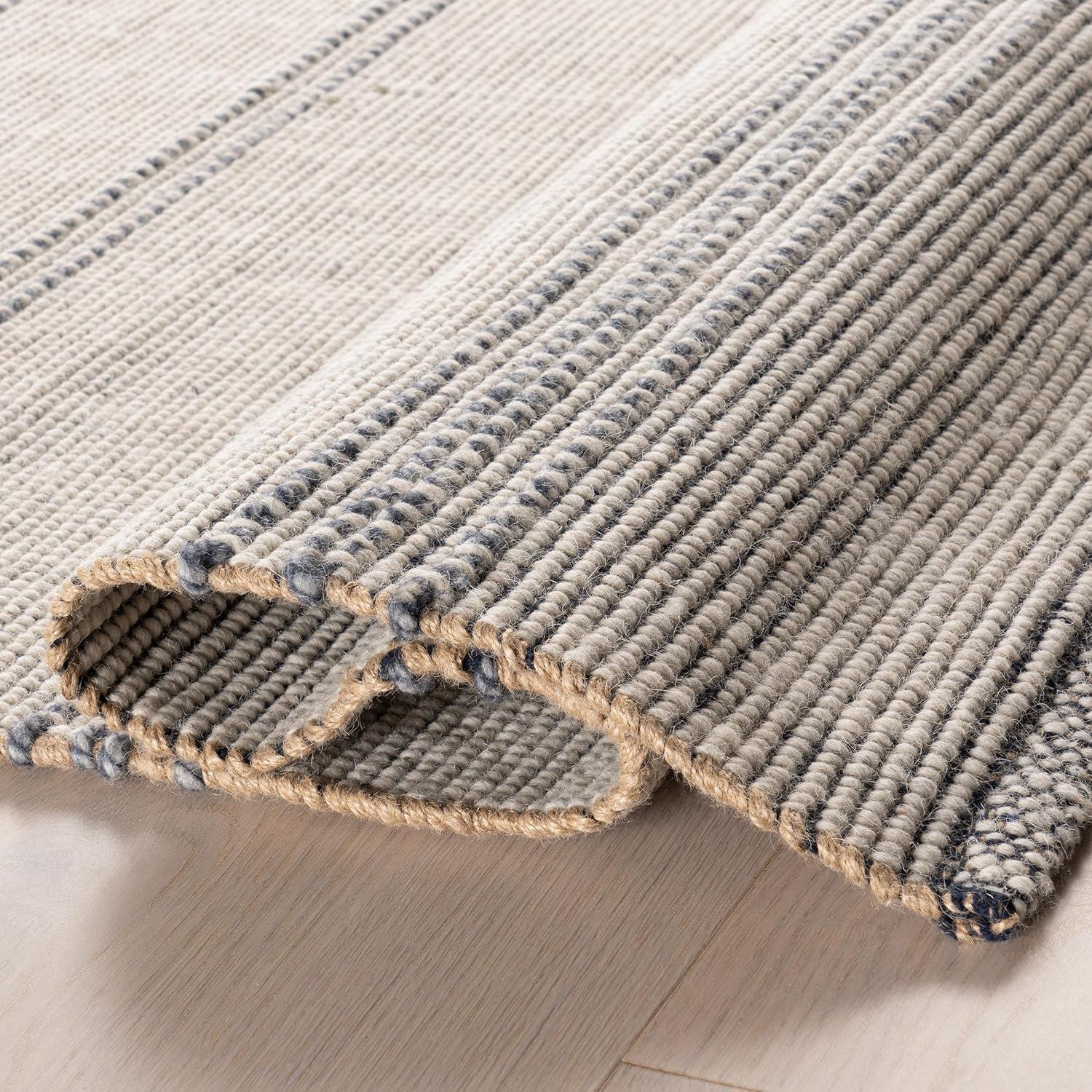 Ivory and Blue Striped Wool Cotton 5x8 Area Rug