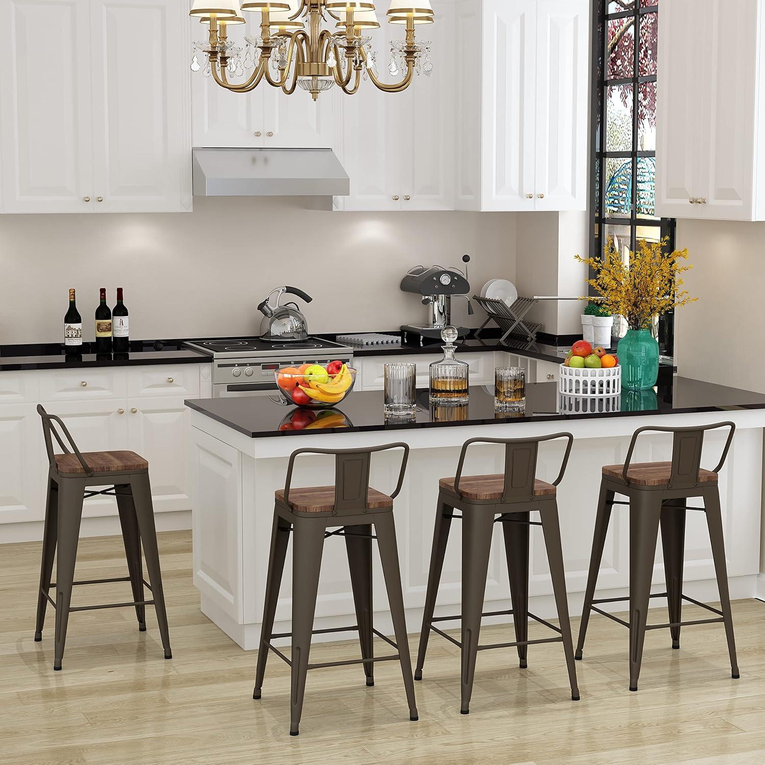 WENTMENT Bar Stools Set of 4 Counter Height Bar Stools Metal Barstools with Removable Back 30" Kitchen Bar Stools with Wooden Seat, Rusty