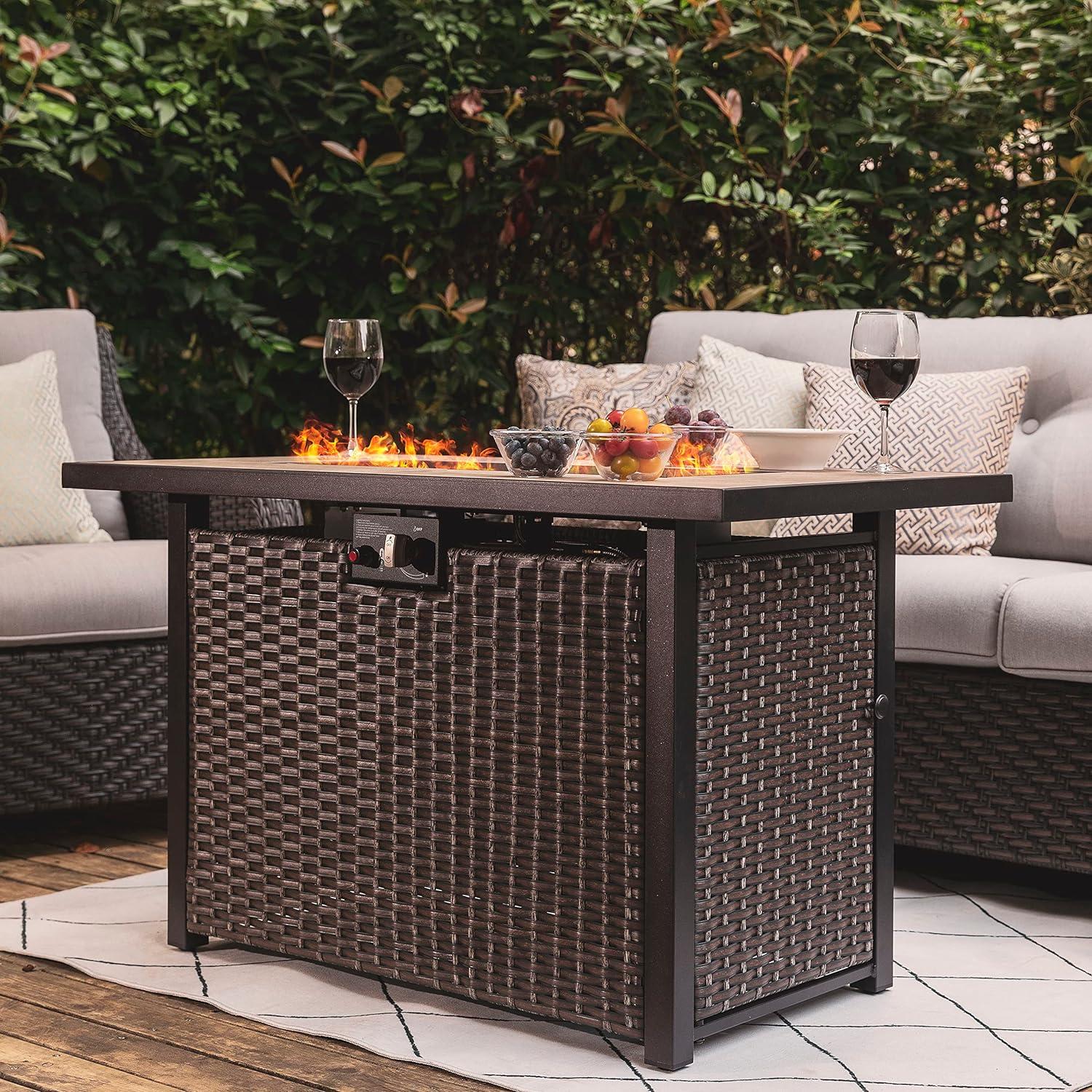 Nuu Garden 43’’ Outdoor Fire Pit Table 50,000 BTU Rattan Fire Pit with Lid and Glass Beads, Brown