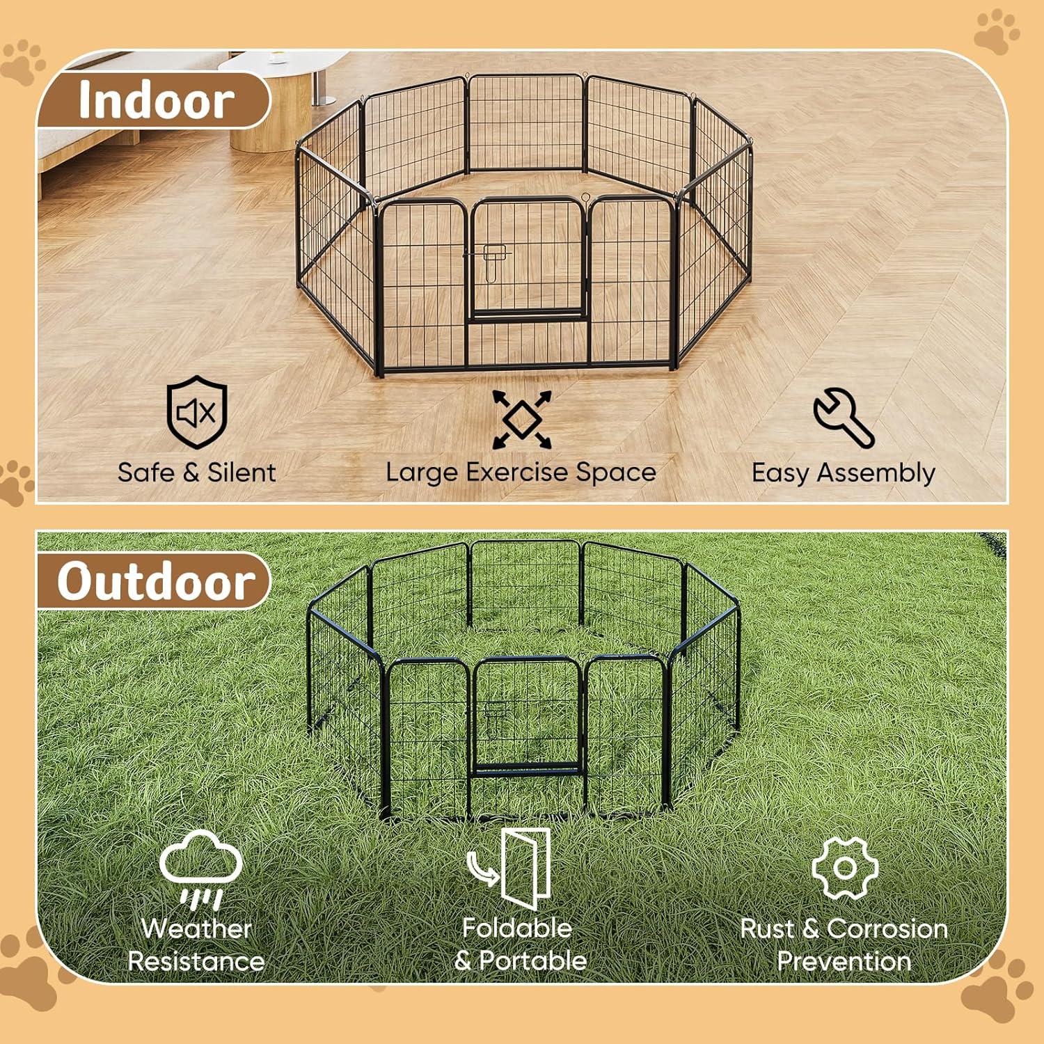 edx Dog Playpen, 8 Panels 24" Foldable Heavy Duty Metal Pet Fence with Doors Indoor Outdoor