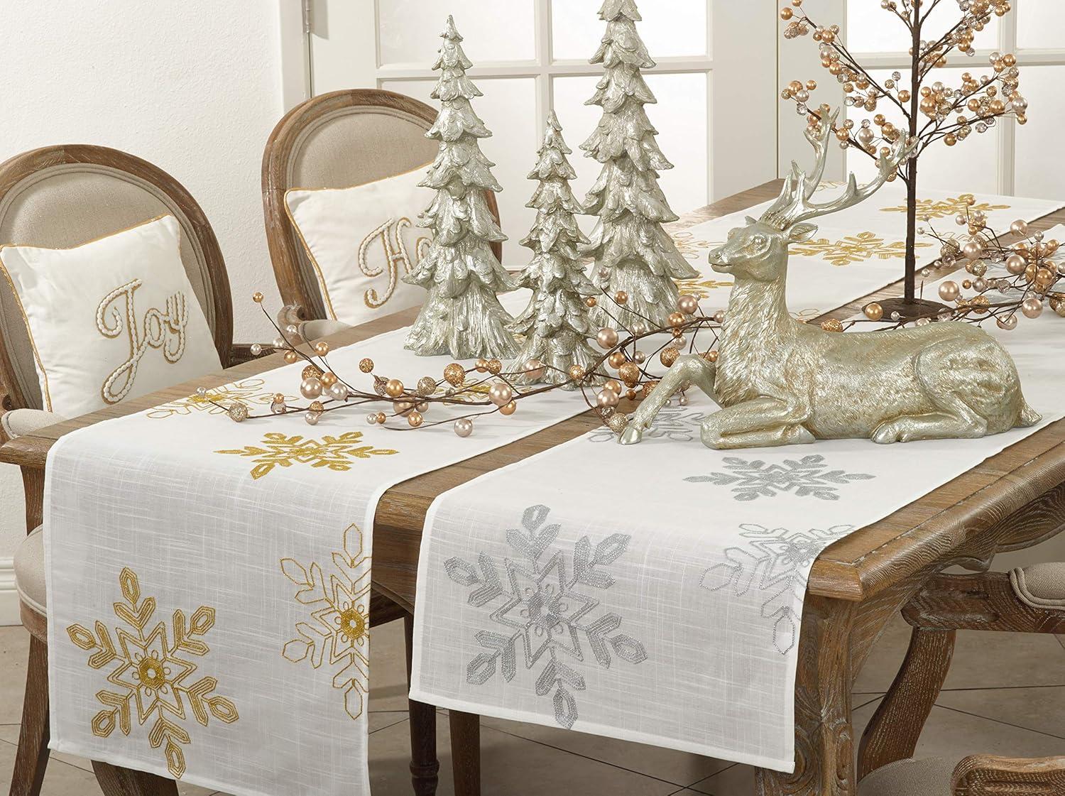 16" x 54" Silver Embroidered Snowflake Table Runner