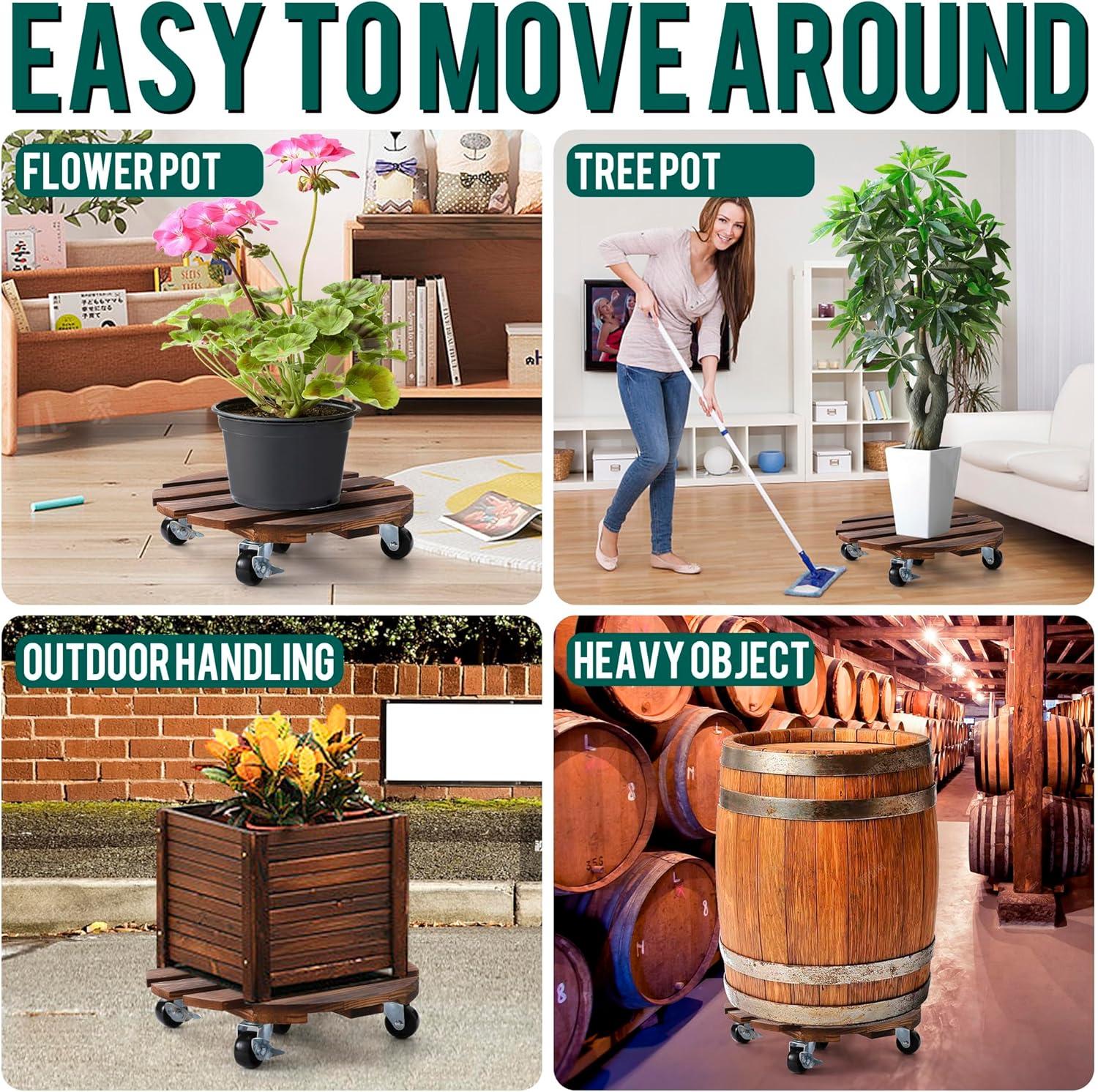 ZXZYHFTY Round Original Wooden Plant Stand with Wheels, 2 Packs Rolling Plant Stand with 360°Lockable Wheels for Vertical Garden Towers, Vertical Planting Tanks, Plant Pots, Wastebaskets (12")