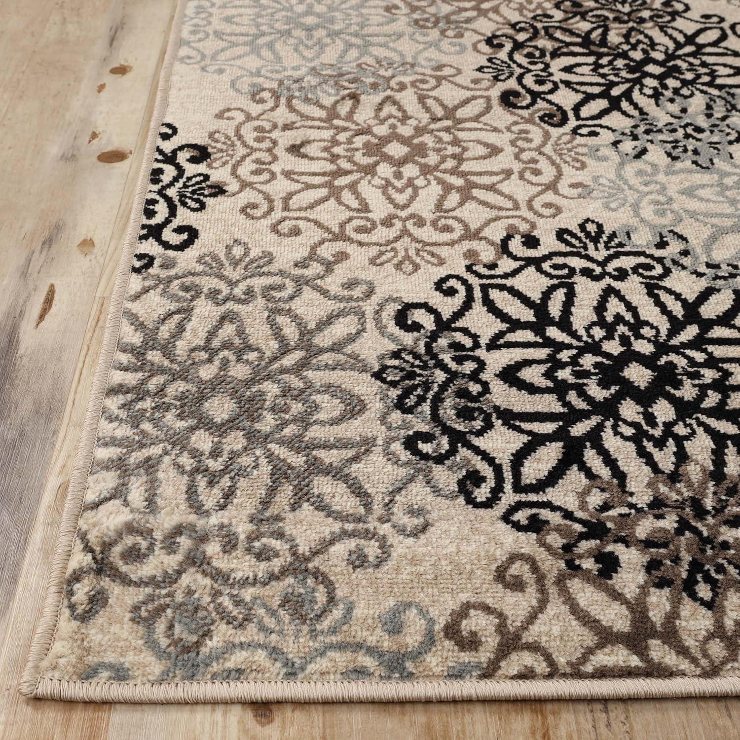 Beige Floral Medallion Polypropylene Area Rug with Jute Backing