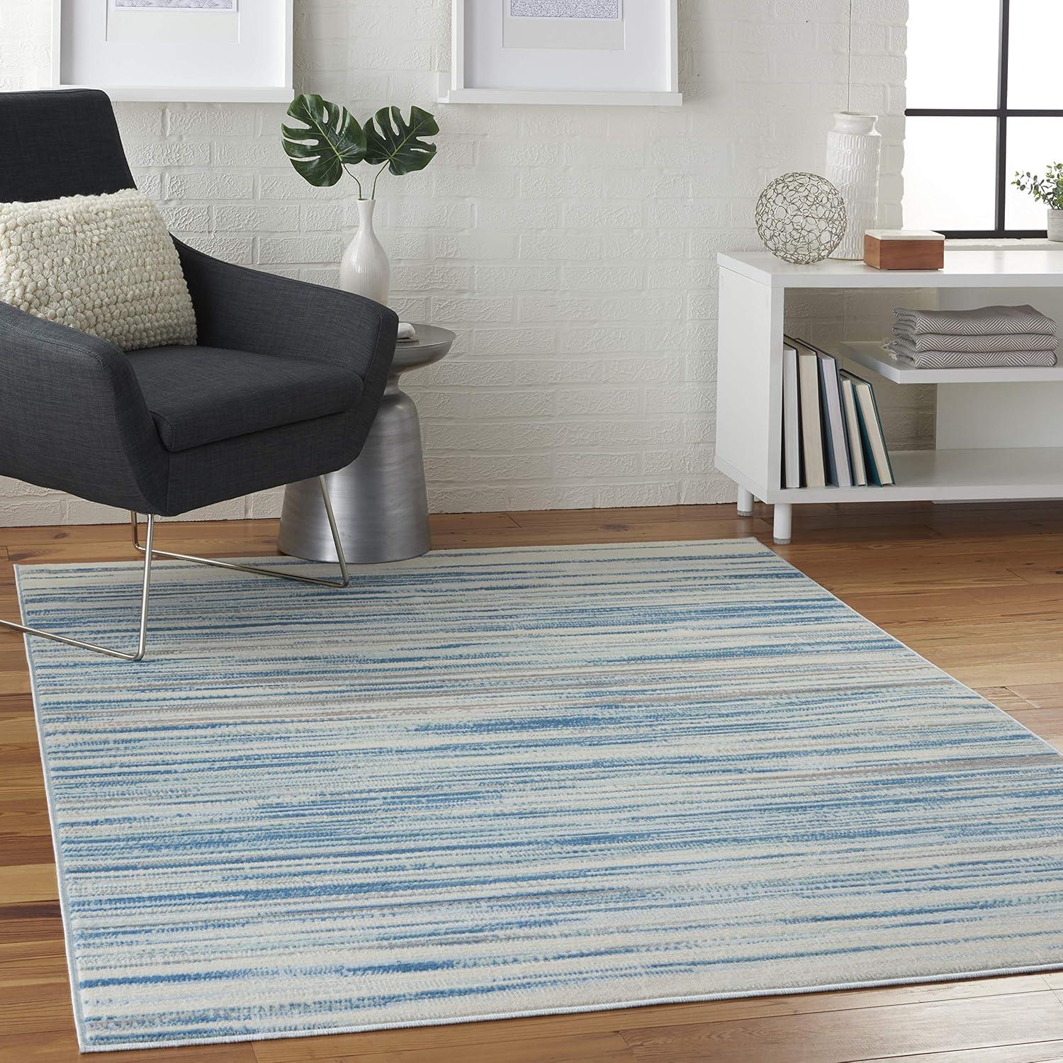 Blue and Gray Striped Synthetic 5' x 7' Area Rug