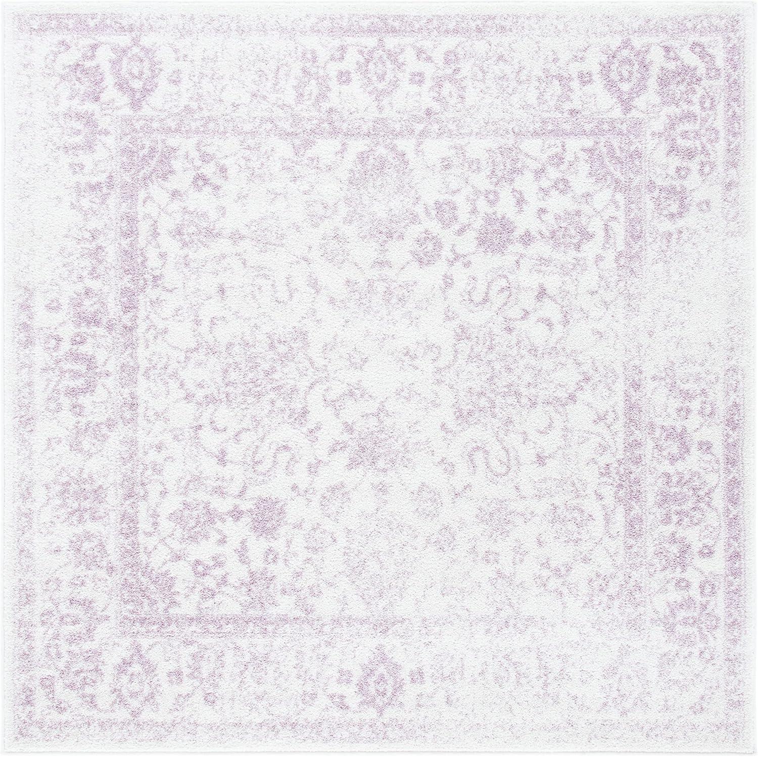 Elegant Ivory and Lavender 6' Square Synthetic Area Rug