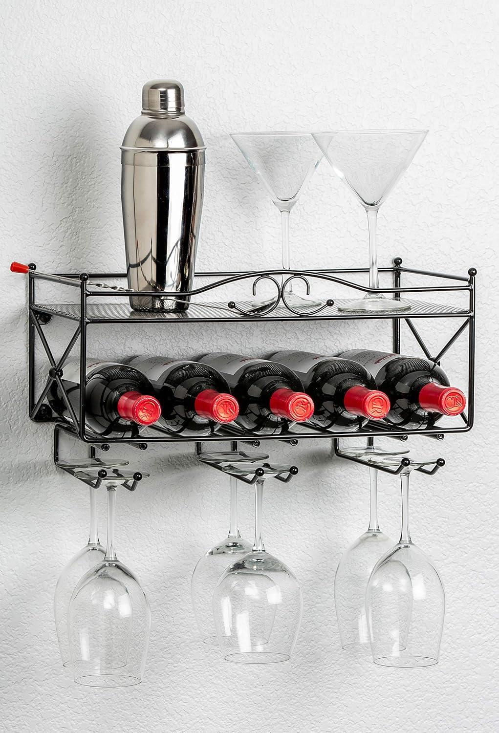 Mango Steam Wall Mounted 2 Tier Wine Rack with Stemware Holder & Shelf - for Kitchen, Bar, & More