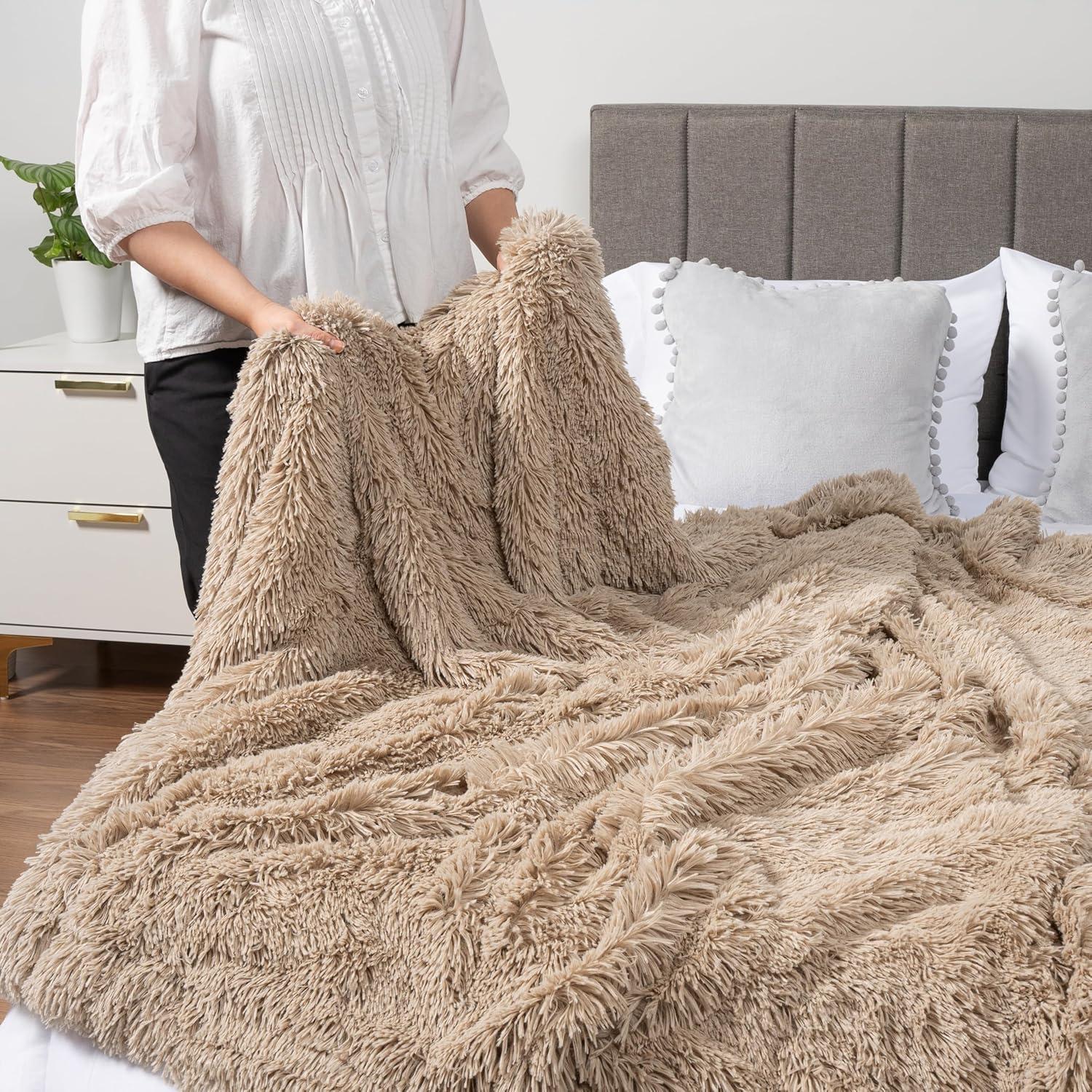 PAVILIA Soft Fluffy Faux Fur Throw Blanket, Taupe Tan Camel, Shaggy Furry Warm Sherpa Blanket Fleece Throw for Bed, Sofa, Couch, Decorative Fuzzy Plush Comfy Thick Throw Blanket, 50x60 Inches