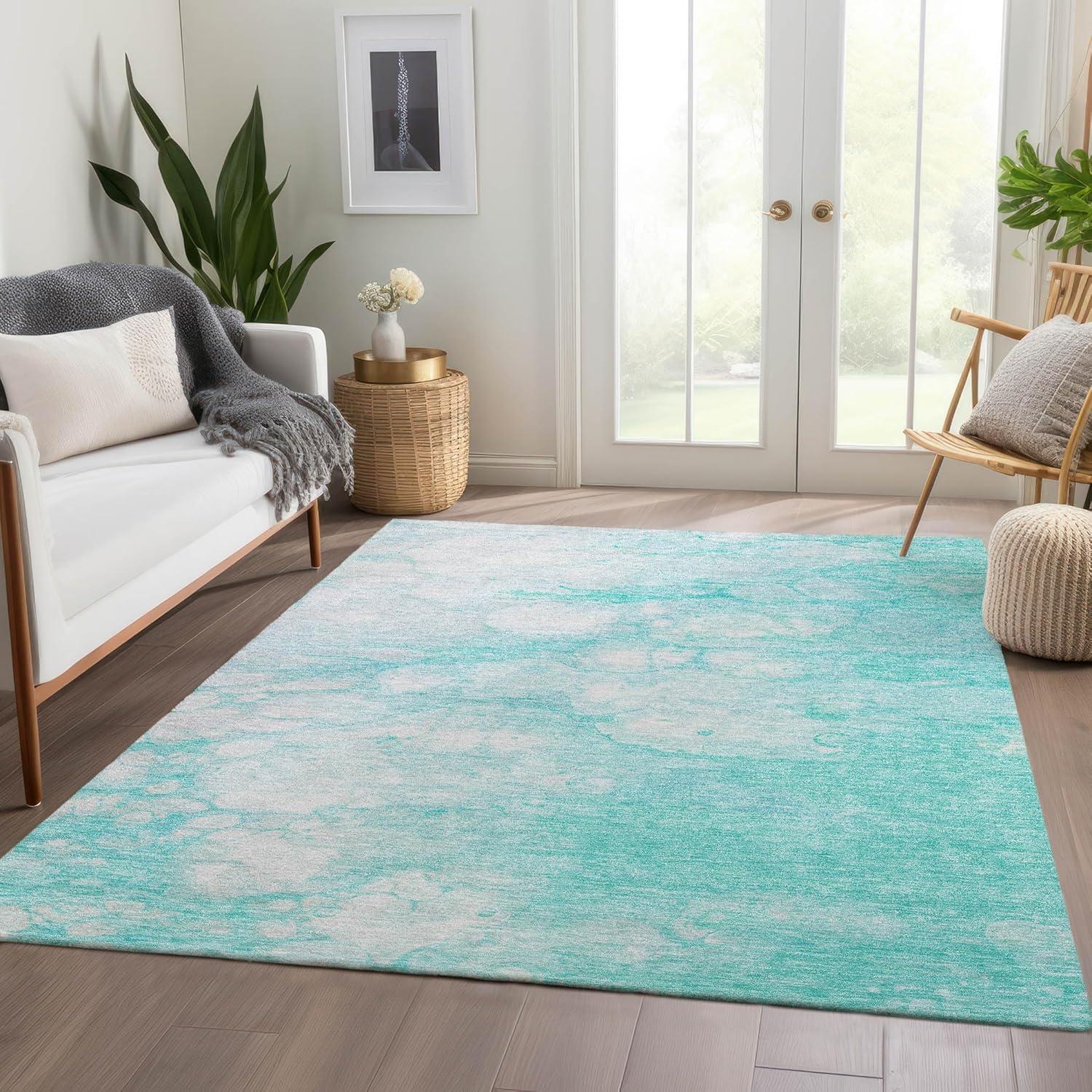 Aqua Abstract Washable Synthetic Indoor/Outdoor Rug 2'6" x 3'10"