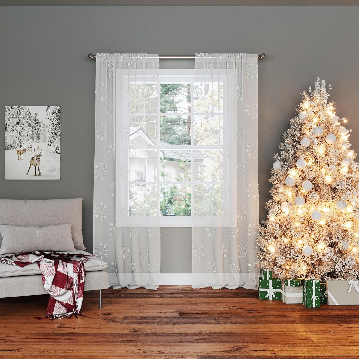 No. 918 Holiday Snowflake 1-Piece Embroidery Sheer Rod Pocket Curtain Panel, 36"x63", White