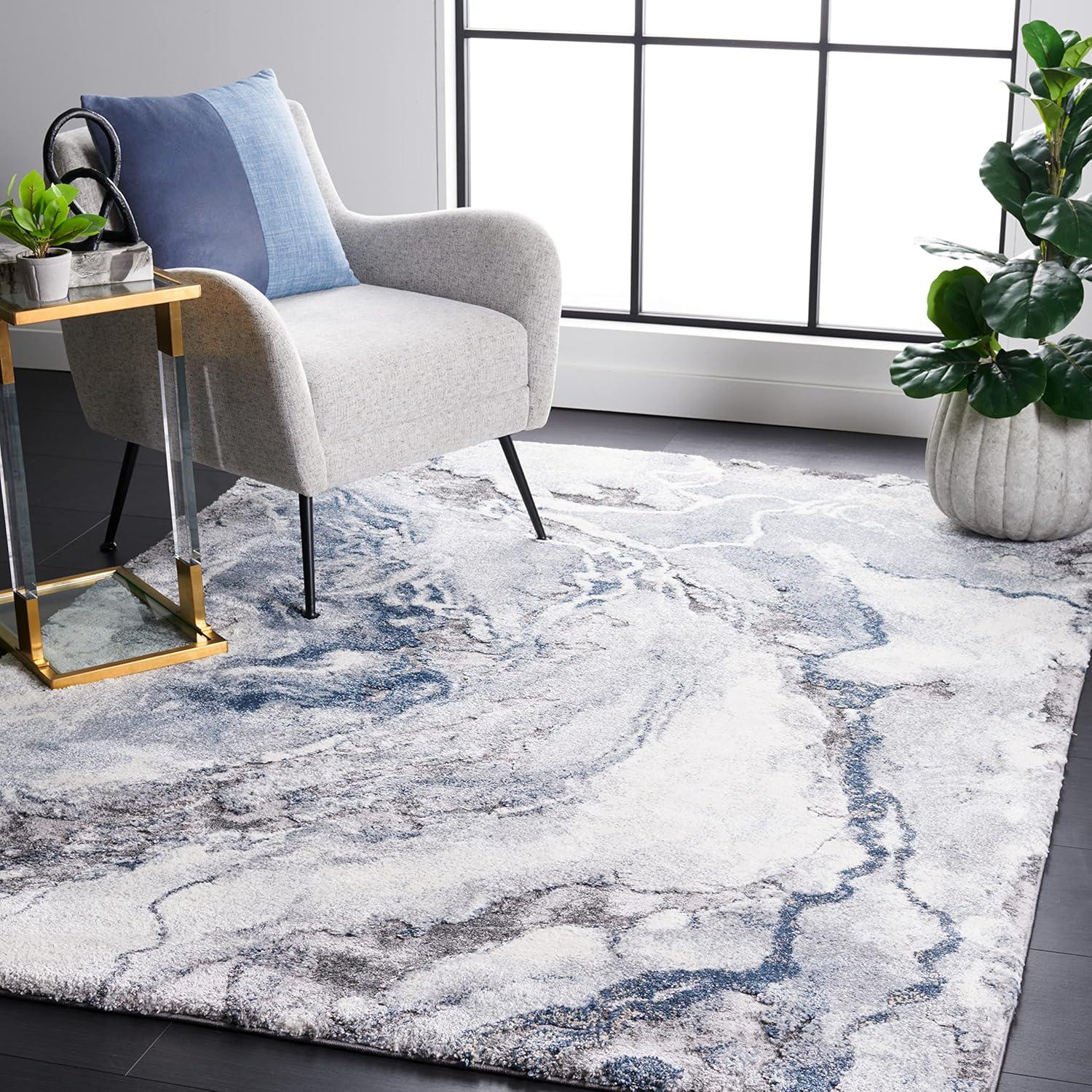 Ivory & Blue Abstract Shag Synthetic Area Rug 6'7" x 9'2"