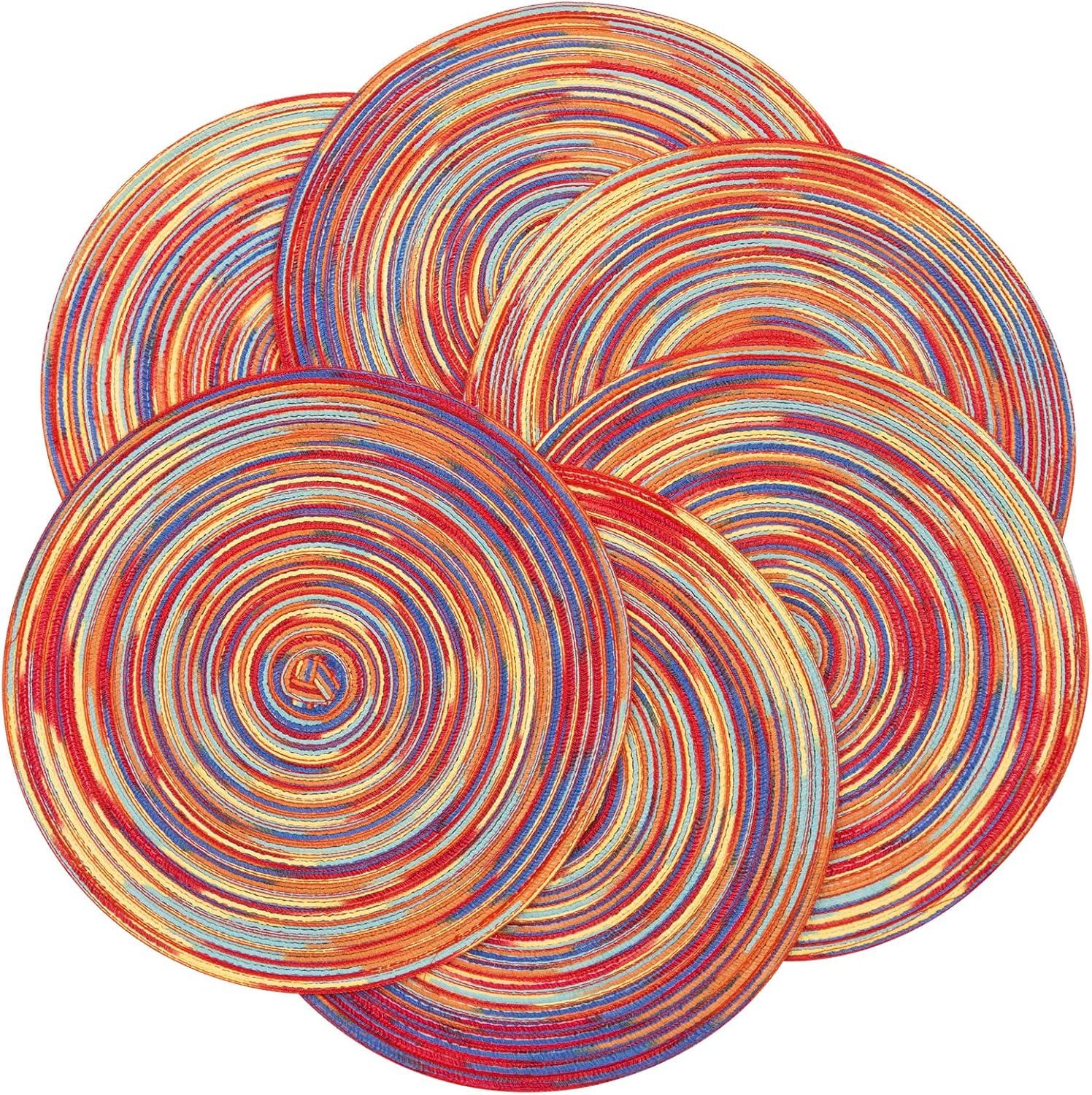 MeyJey Round Placemats 6 Piece, 15" Large Cotton Woven Heat Resistant Placemats Set of 6, Rainbow