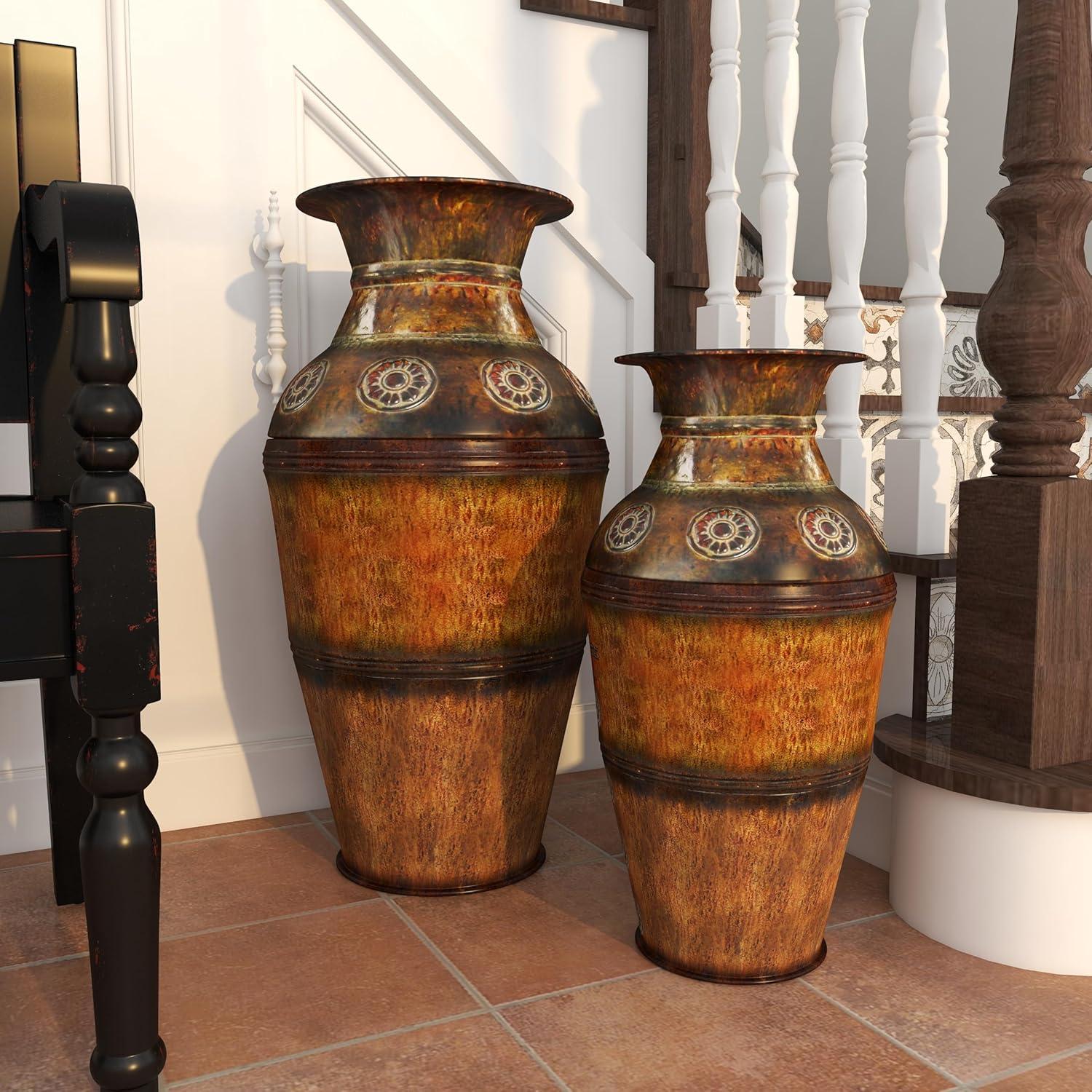 DecMode 29", 22"H Floral Indoor Outdoor Large Brown Metal Vase with Evil Eye Relief, Set of 2