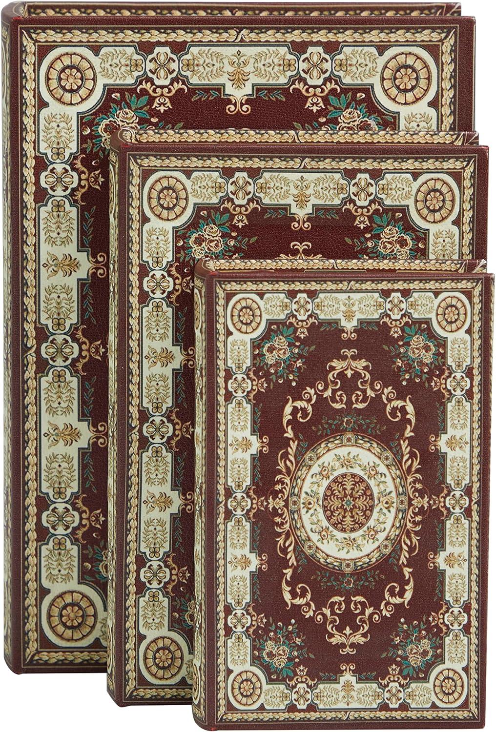 Deco 79 Canvas Decorative Box Storage Book Book Shaped Boxes with Arabesque Pattern and Gold Page Inspired Detail, Set of 3 Decorative Keepsake Boxes 12, 10, 8" H, Red
