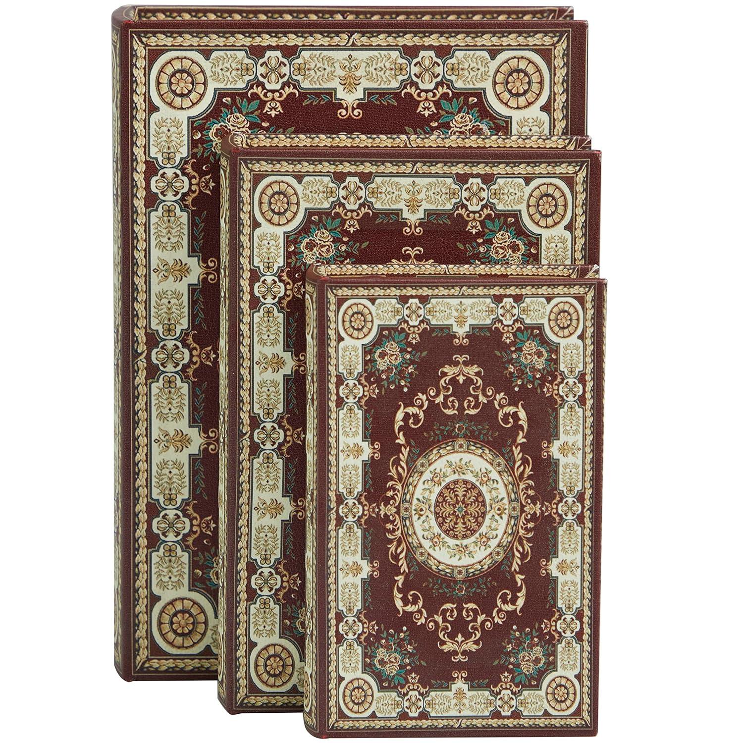 Deco 79 Canvas Decorative Box Storage Book Book Shaped Boxes with Arabesque Pattern and Gold Page Inspired Detail, Set of 3 Decorative Keepsake Boxes 12, 10, 8" H, Red