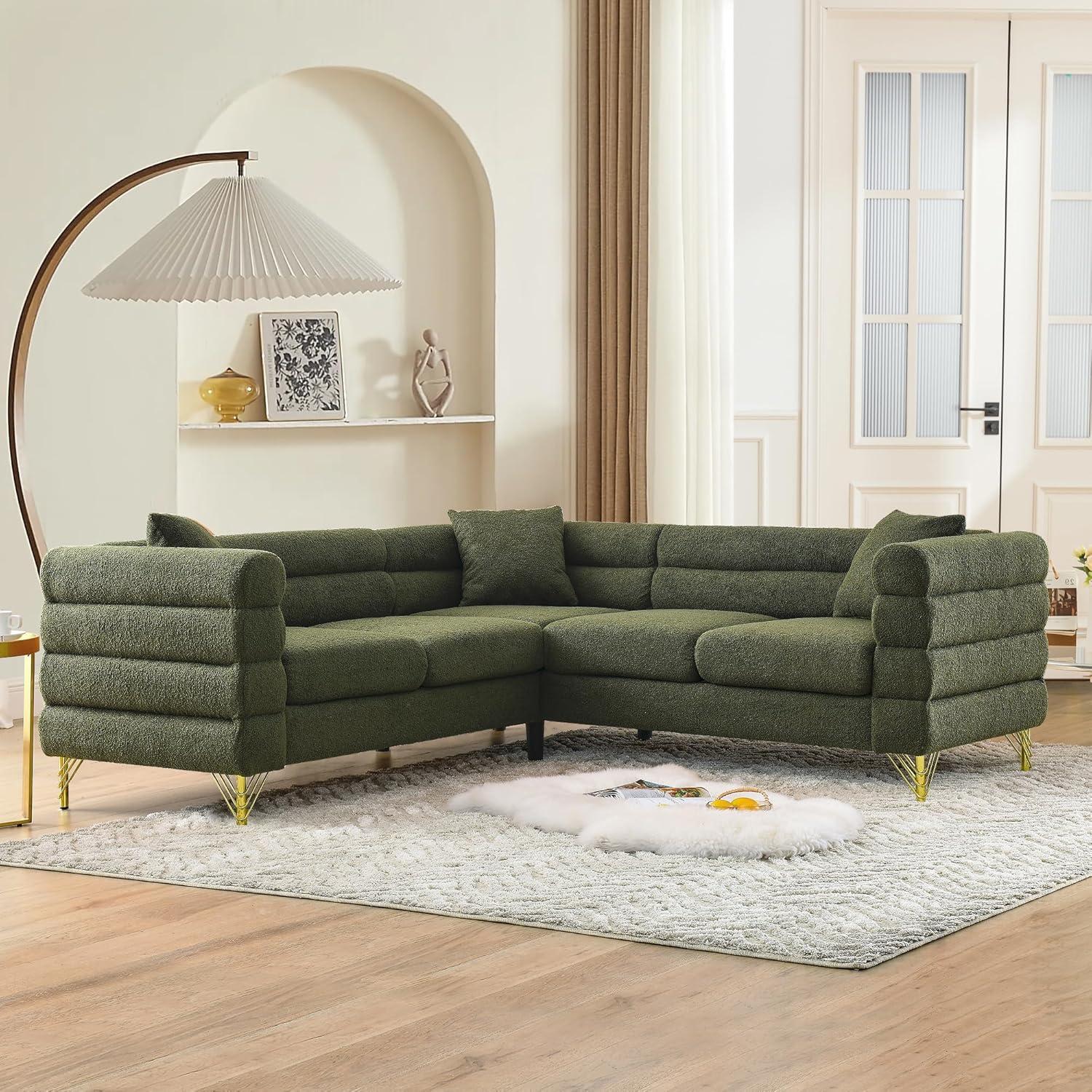 81.5" Oversized L-Shaped Sectional Sofa, Upholstered Teddy Fabric Corner Sofa with 3 Pillow, 5-Seater Corner Sofas with Padded Cushions, Indoor Modular Sofa for Living Room, Bedroom, Office, Green