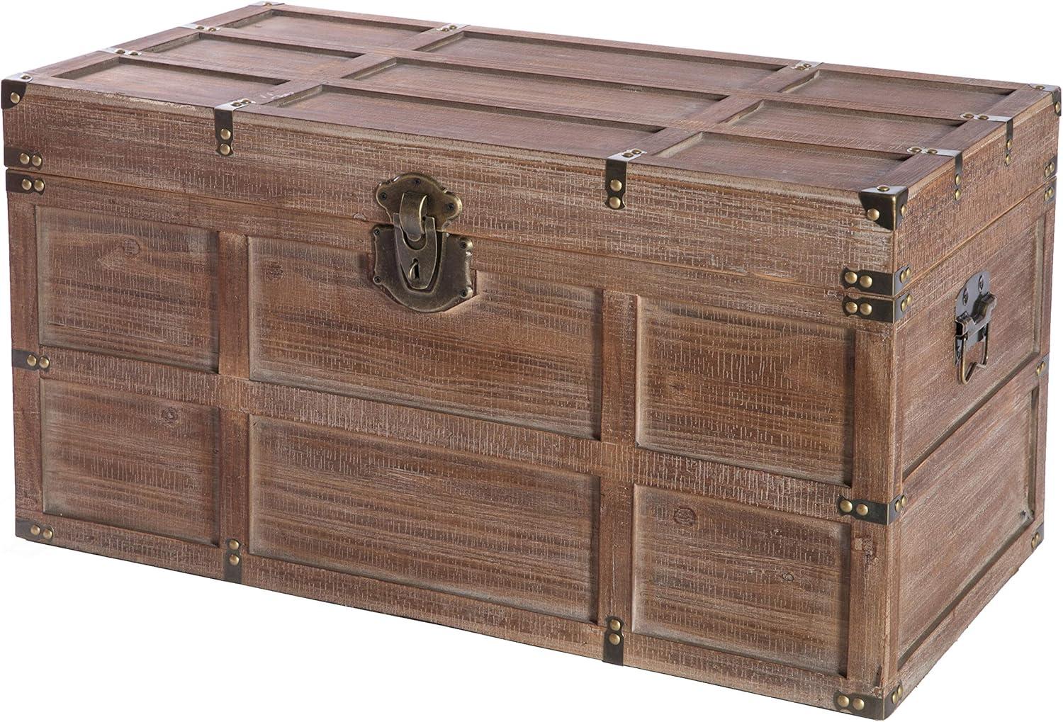 Large Rustic Brown Wooden Rectangular Storage Trunk with Latch