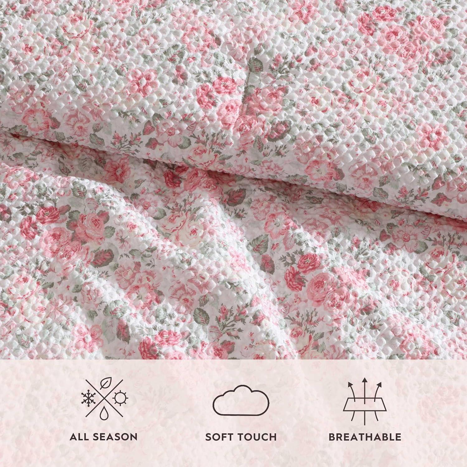 Laura Ashley Quartet Pink Reversible Easy Care Dorm Bonus Bed Set