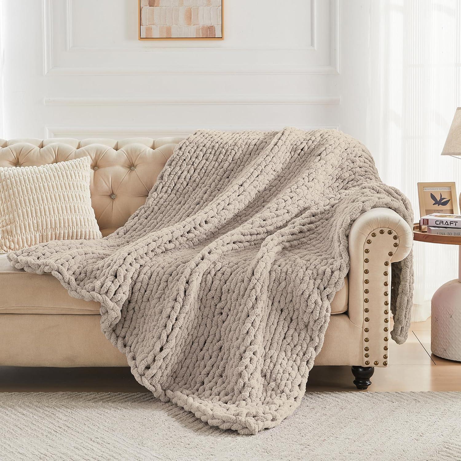 Carriediosa Chunky Knit Throw Blanket Handmade Soft Throws for Couch Sofa Bed, 50" x 60" Taupe