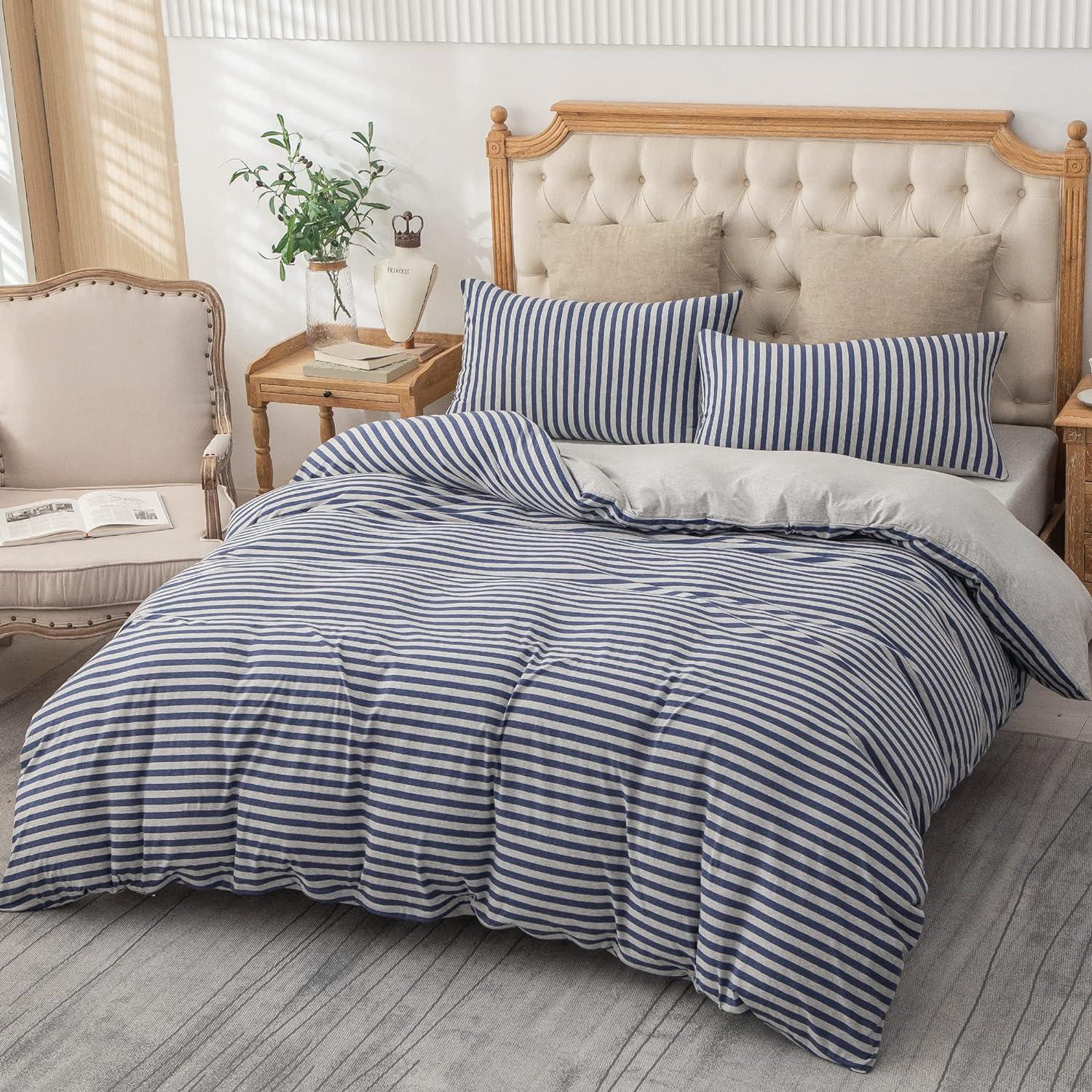 PURE ERA Jersey Knit 100% Cotton Striped Duvet Cover Set With Zipper Closure Reversible bedding,Blueish Grey Stripe, King Size