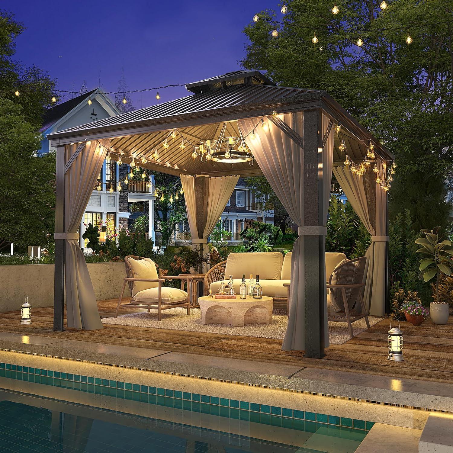 Ulax Furniture 10Ft x 12Ft Patio Hardtop Gazebo Outdoor Aluminum Pergola with Galvanized Steel Double Roof Canopy, Polyester Curtain and Mosquito Net, 10, Brown