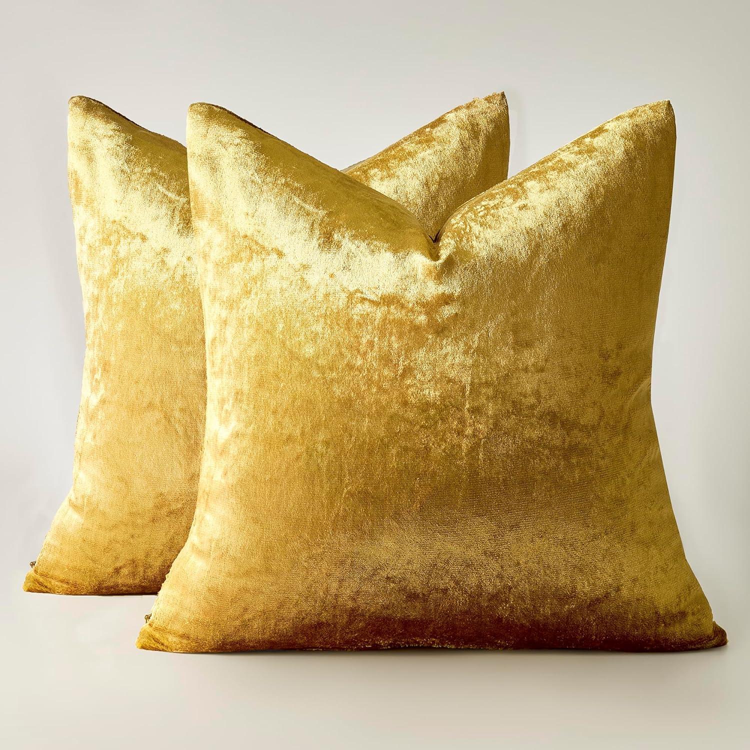 GIGIZAZA Gold Velvet Decorative 20x20 Throw Pillow Covers for Sofa Bed 2 Pack Soft Cushion Cover