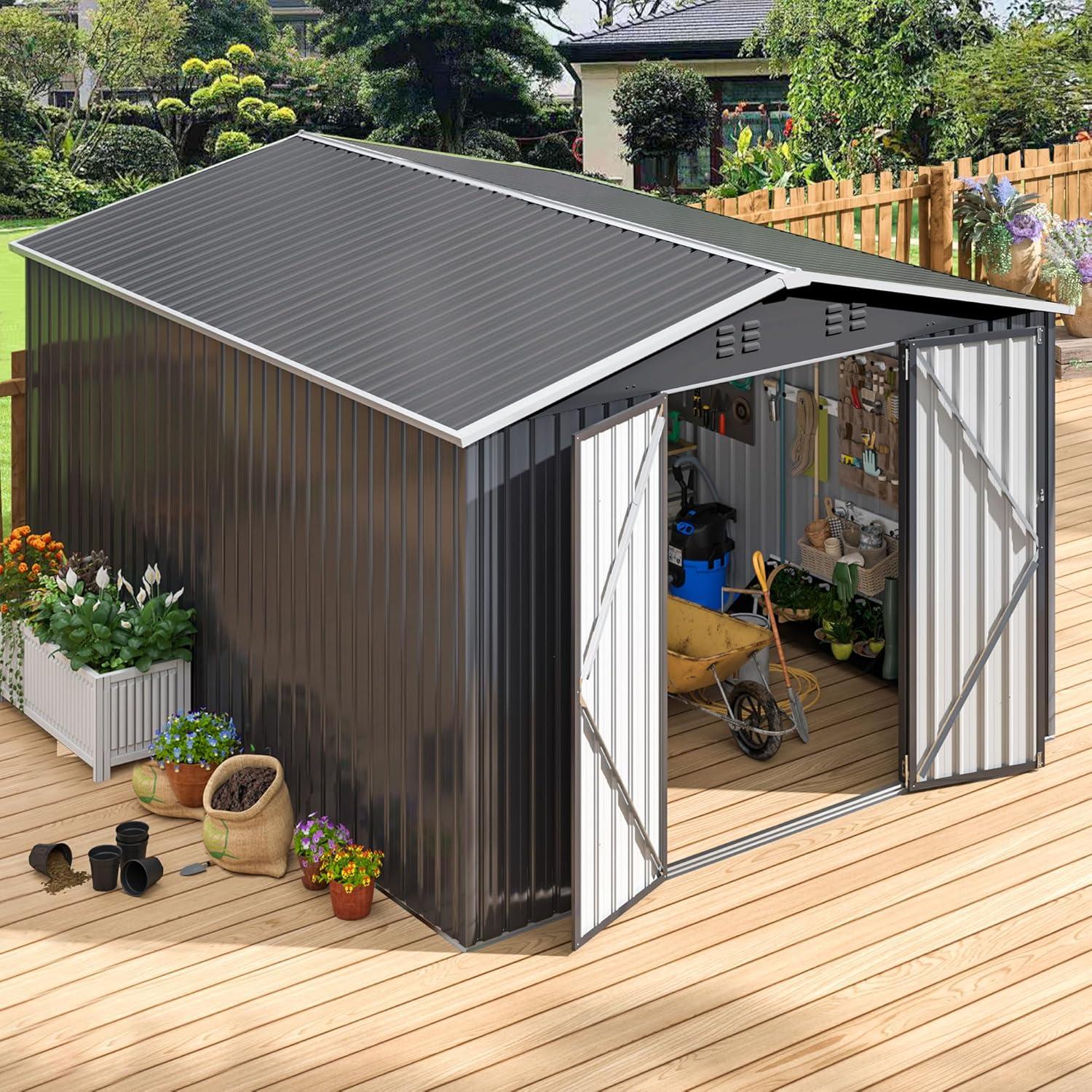 10 ft. W x 14 ft. D Outdoor Metal Shed Storage with Updated Frame Structure and Lockable Doors
