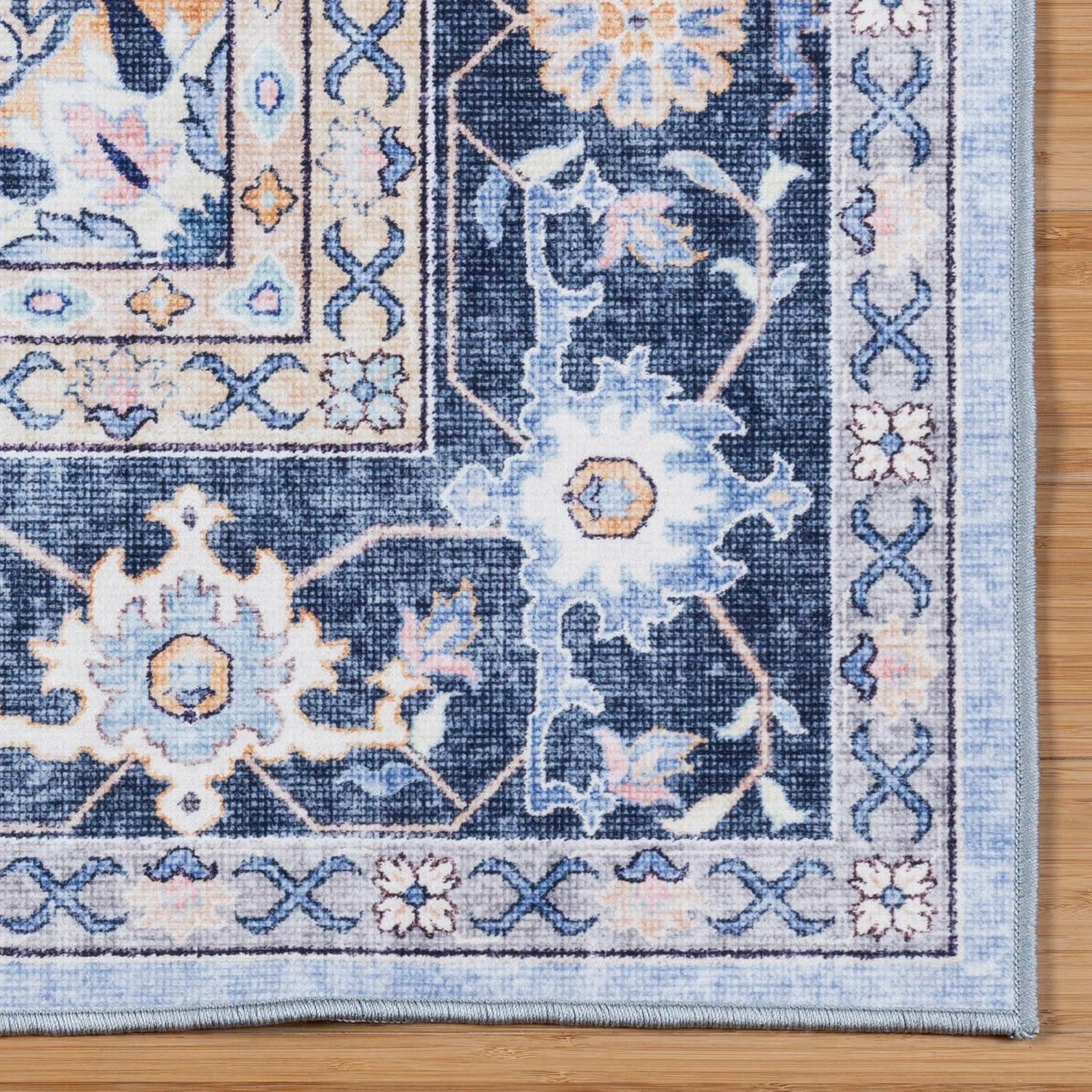 Gertmenian Crystal Print Tiefi Traditional Medallion Navy Blue Ivory Multi Washable Flat Pile Indoor Area Rug