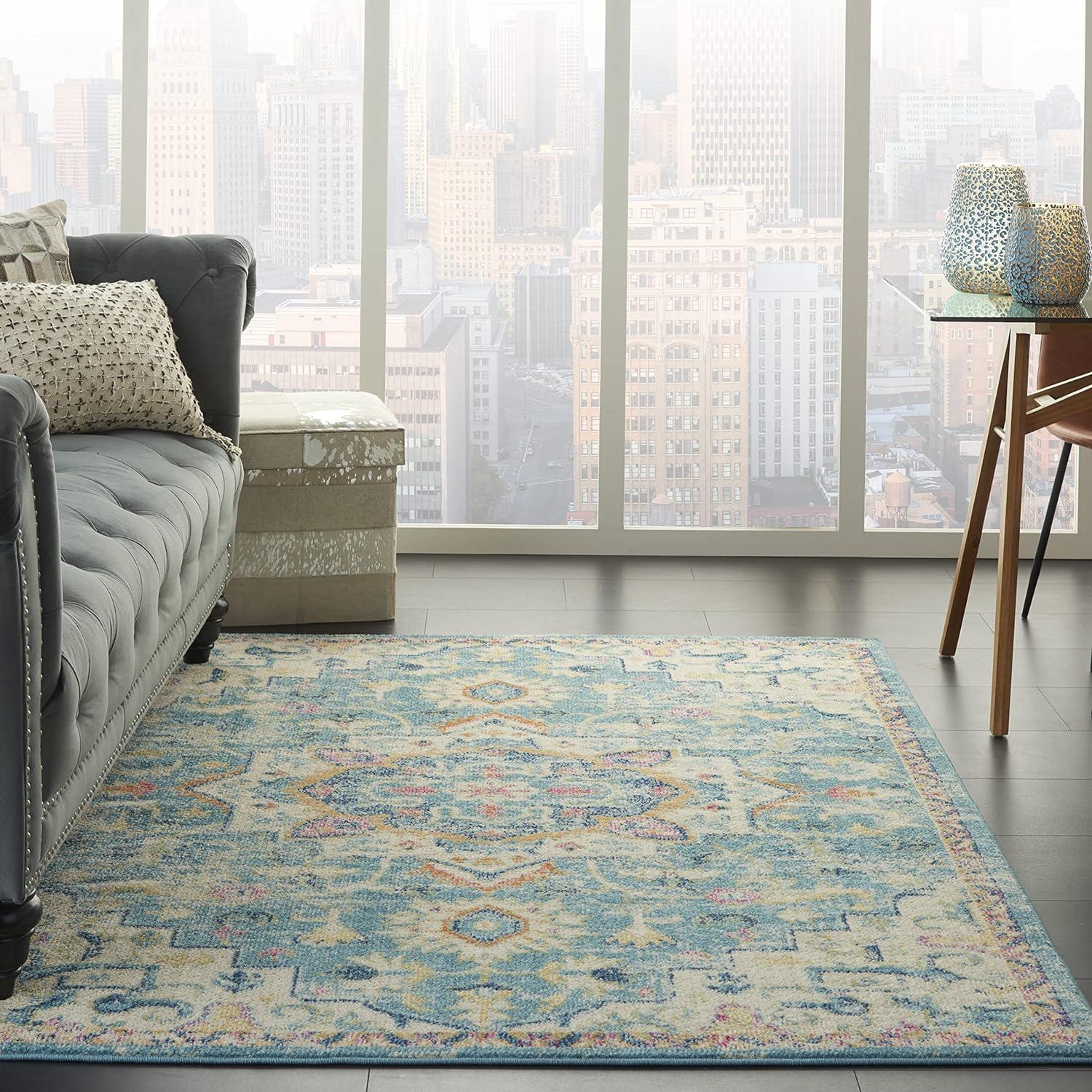 Ivory and Turquoise Floral Power-Loomed 6'7" x 9'6" Area Rug