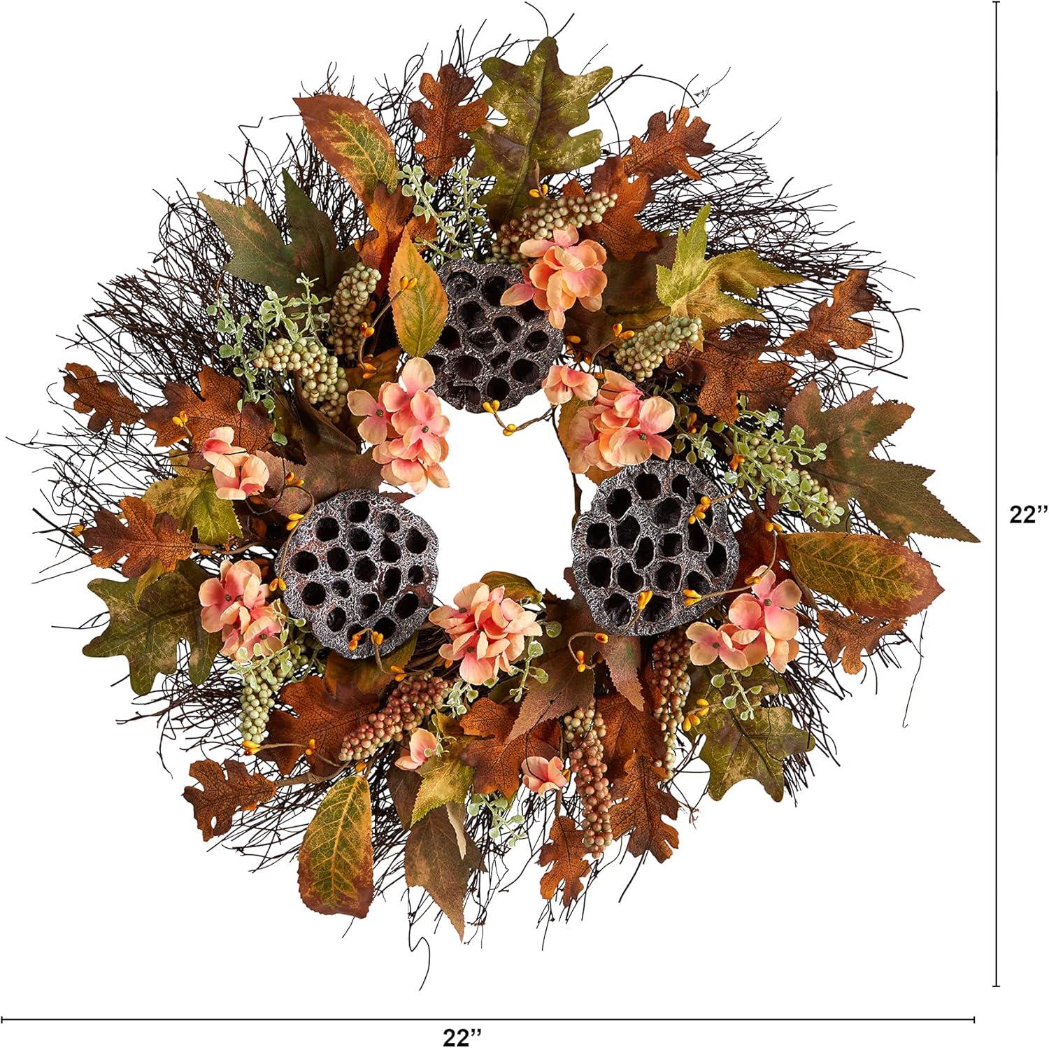 Autumn Hydrangea and Dried Lotus Pod 22" Artificial Fall Wreath