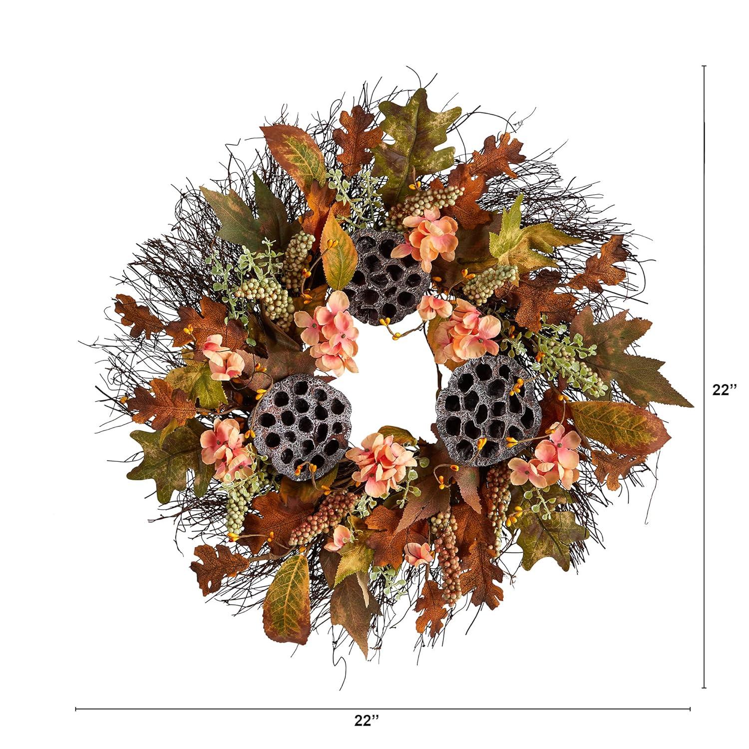 Nearly Natural 22” Autumn Hydrangea, Dried Lotus Pod Artificial Fall Wreath