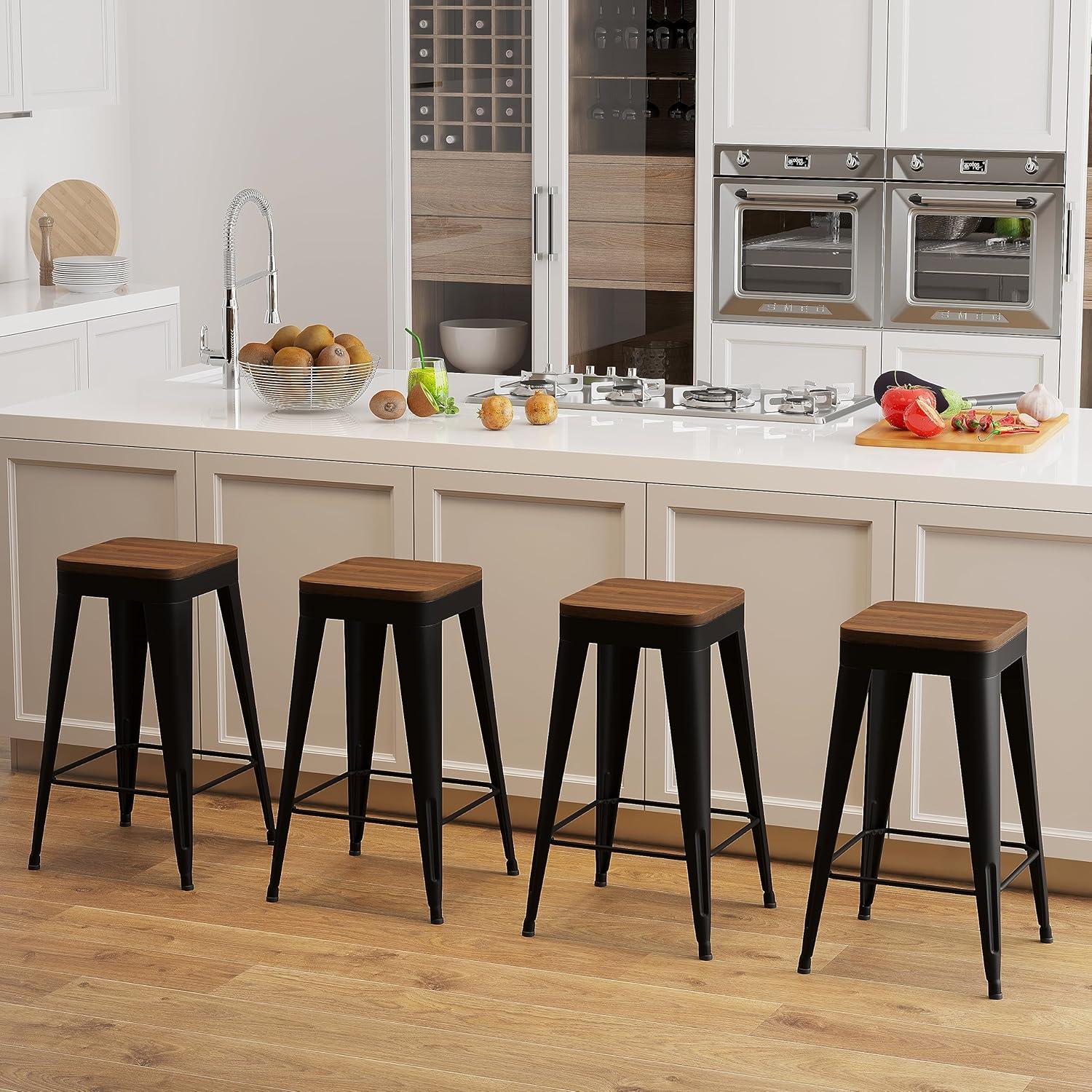 Stools Set of 4 Counter Height  Stools Metal Barstools with Removable Back 30" Kitchen  Stools with Wooden Seat