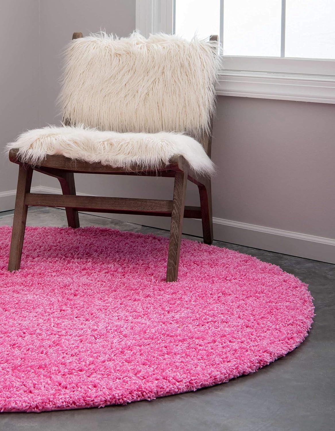 Round Pink Shag Washable Kids Area Rug