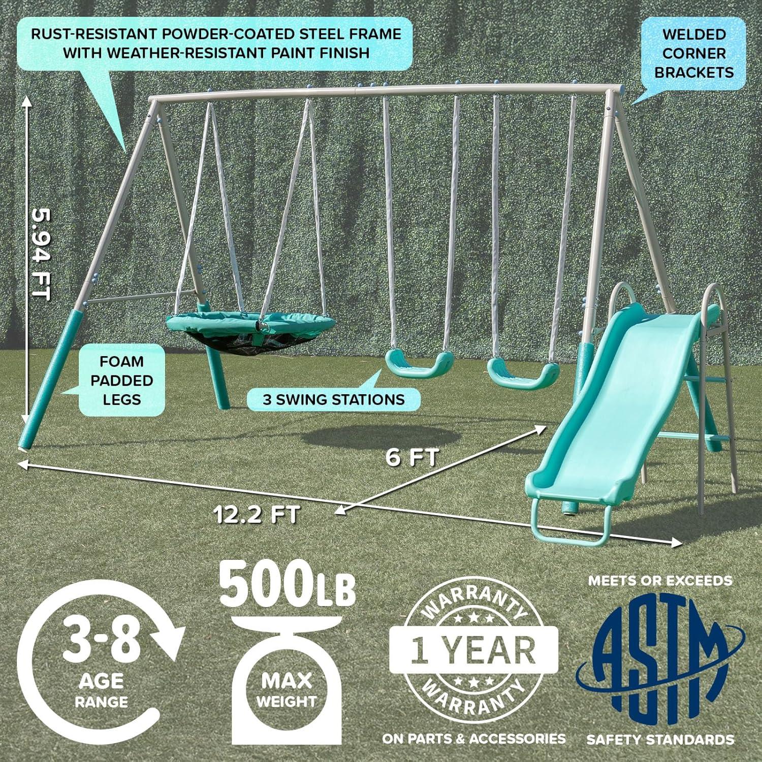 Sportspower Sportspower Super Fun Metal Swing Set with Padded Saucer Swing & Lifetime Warranty on 5' Slide